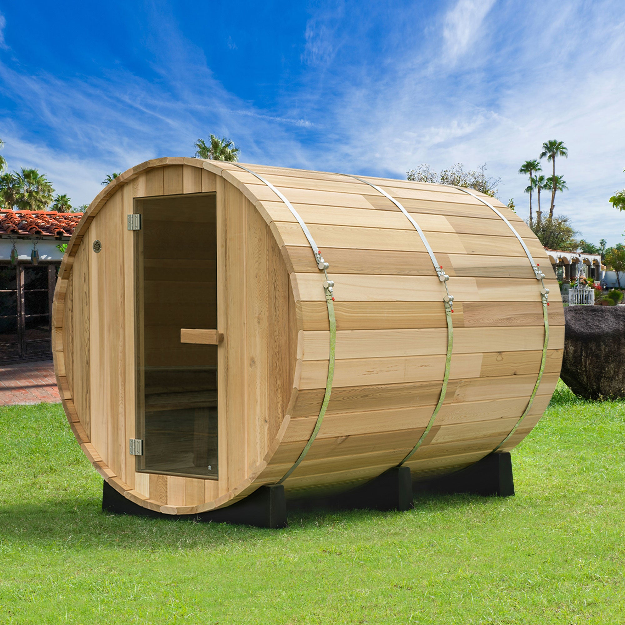 WOODBRIDGE 4-Person Luxury Canada Red Cedar Outdoor Barrel Sauna with half View Window,Harvia Electric Heater with Sauna Stone, Sauna accessories Kit and Asphalt Shingle Roof, 4'x6'