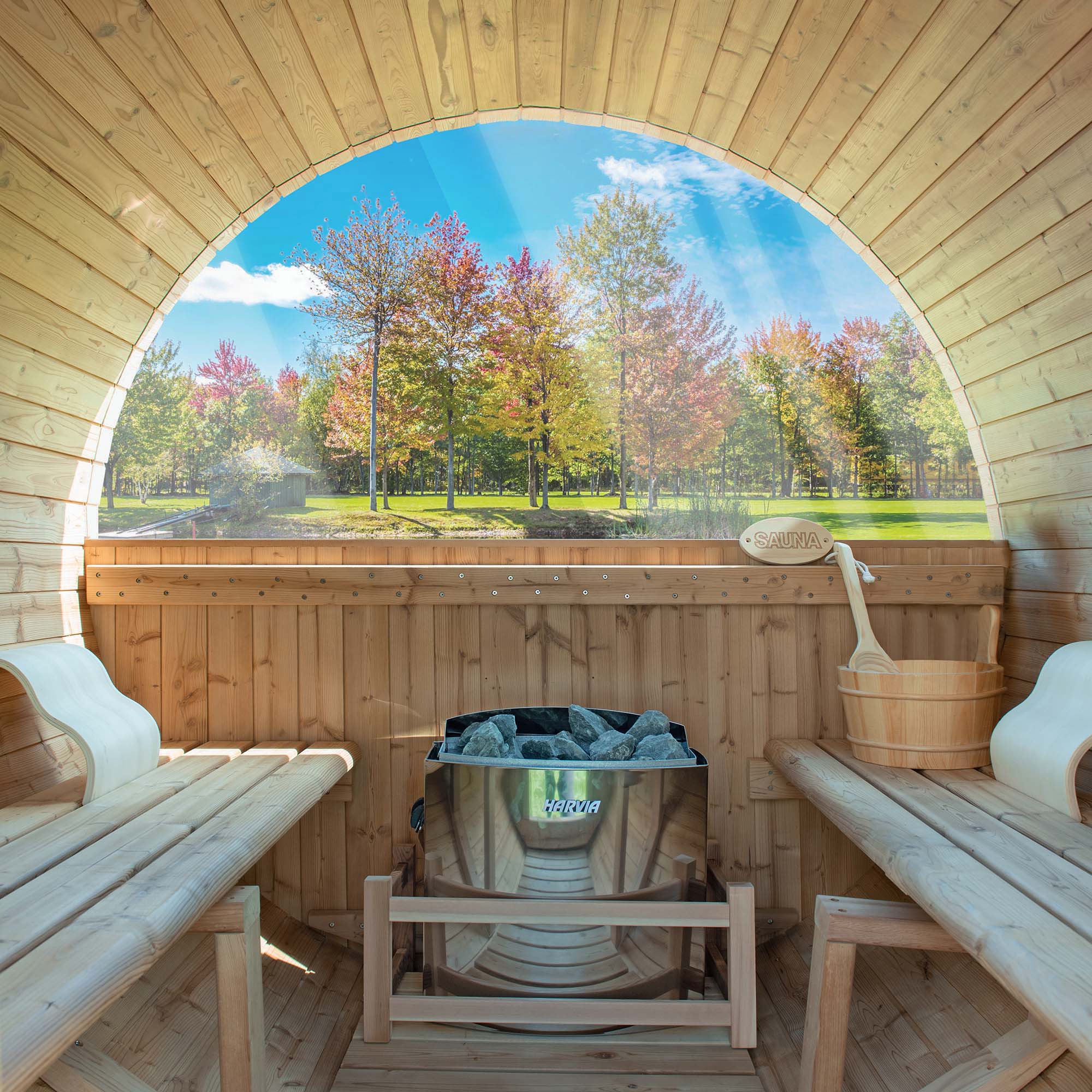 WOODBRIDGE 4-Person Luxury Canada Red Cedar Outdoor Barrel Sauna with half View Window,Harvia Electric Heater with Sauna Stone, Sauna accessories Kit and Asphalt Shingle Roof, 4'x6'