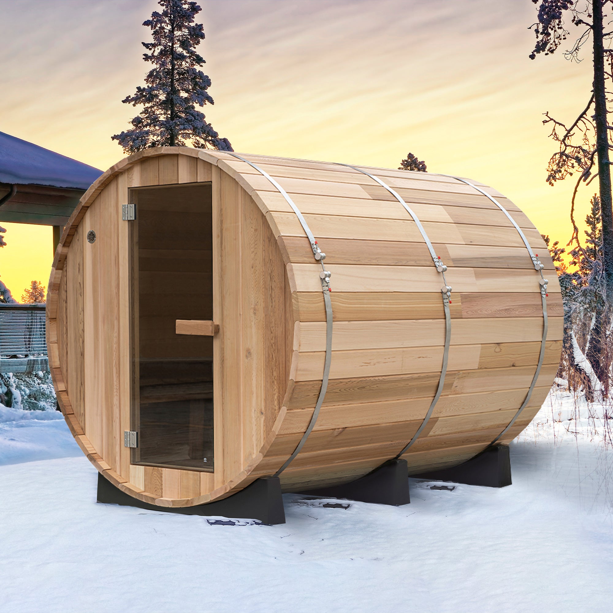 WOODBRIDGE 4-Person Luxury Canada Red Cedar Outdoor Barrel Sauna with half View Window,Harvia Electric Heater with Sauna Stone, Sauna accessories Kit and Asphalt Shingle Roof, 4'x6'