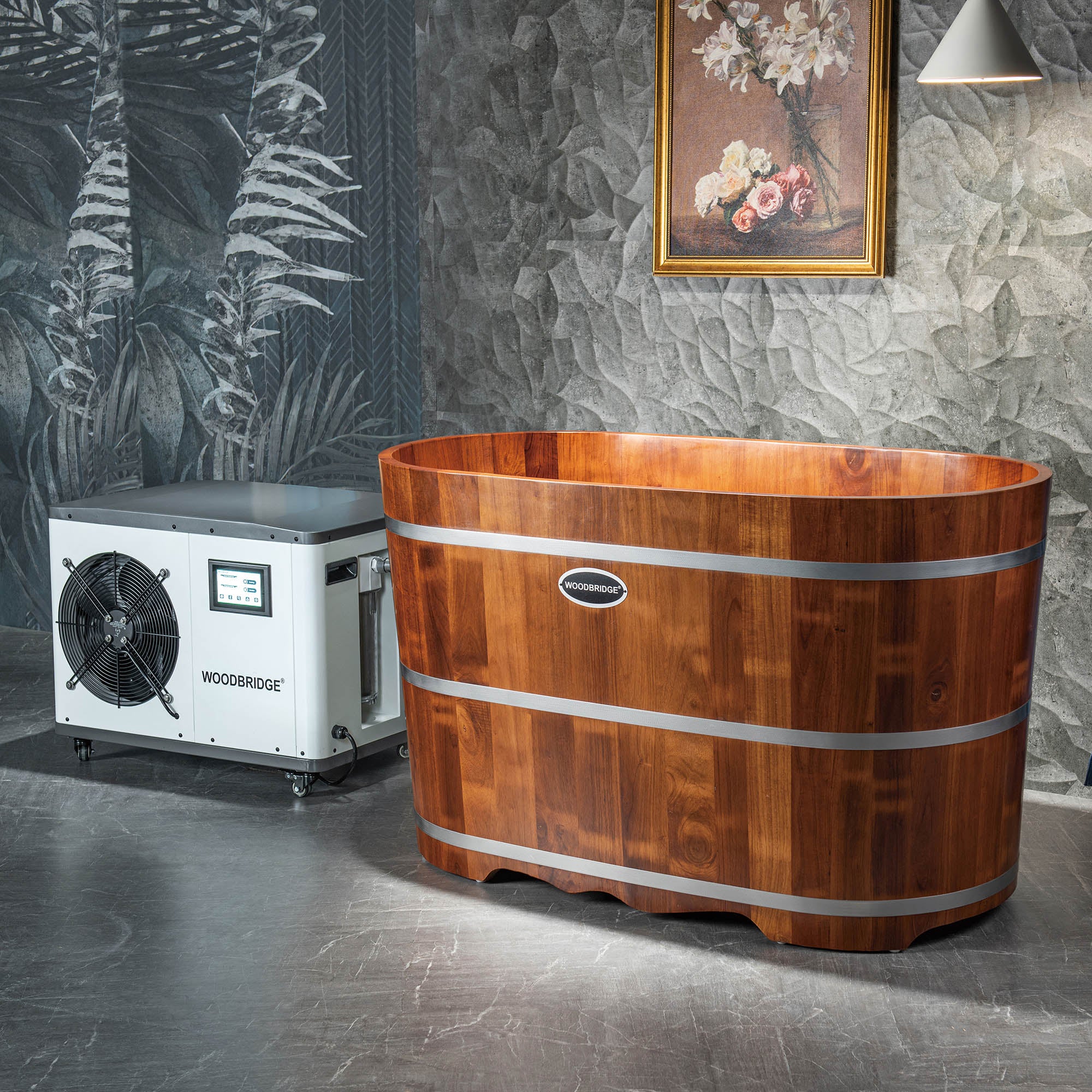 WOODBRIDGE 54" Cold Plunge Tub with 1.3 HP High-Performance Cooling and Heating Chiller in White, Ozone sanitation, Filter circulation system, Insulated Tub Lid, Wood Stool, Wood Seat