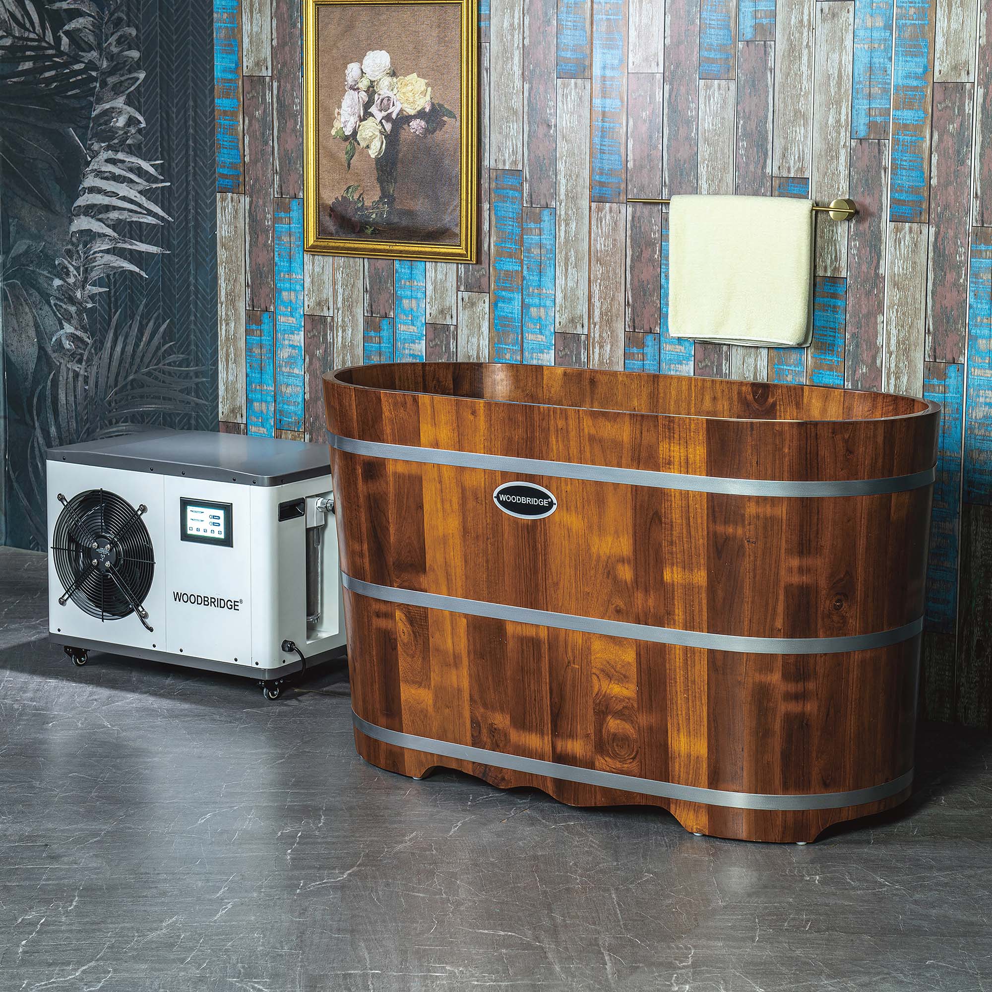 WOODBRIDGE 54" Cold Plunge Tub with 1.3 HP High-Performance Cooling and Heating Chiller in White, Ozone sanitation, Filter circulation system, Insulated Tub Lid, Wood Stool, Wood Seat
