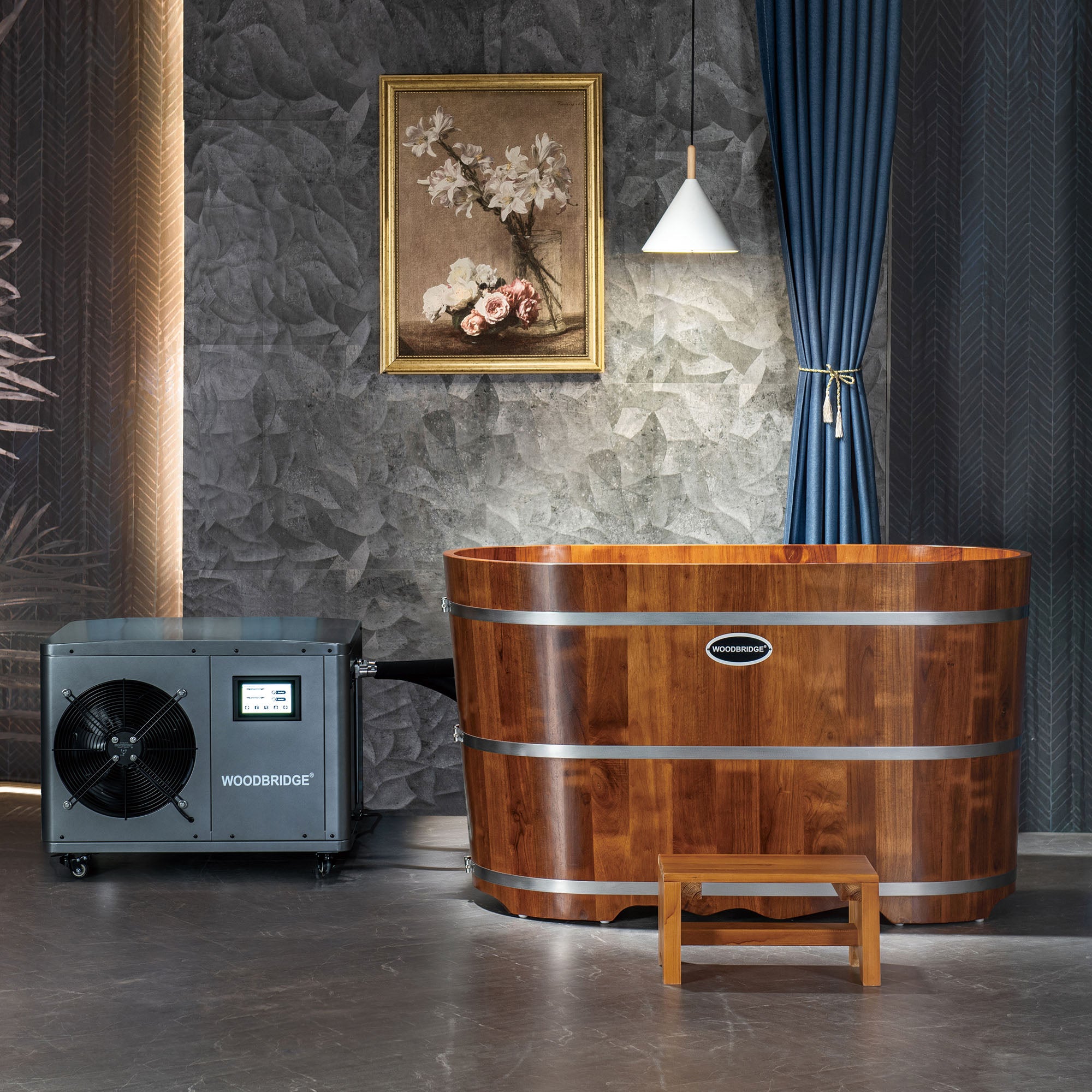 WOODBRIDGE 54" Cold Plunge Tub with 1.3 HP High-Performance Cooling and Heating Chiller in Gray, Ozone sanitation, Filter circulation system, Insulated Tub Lid, Wood Stool, Wood Seat