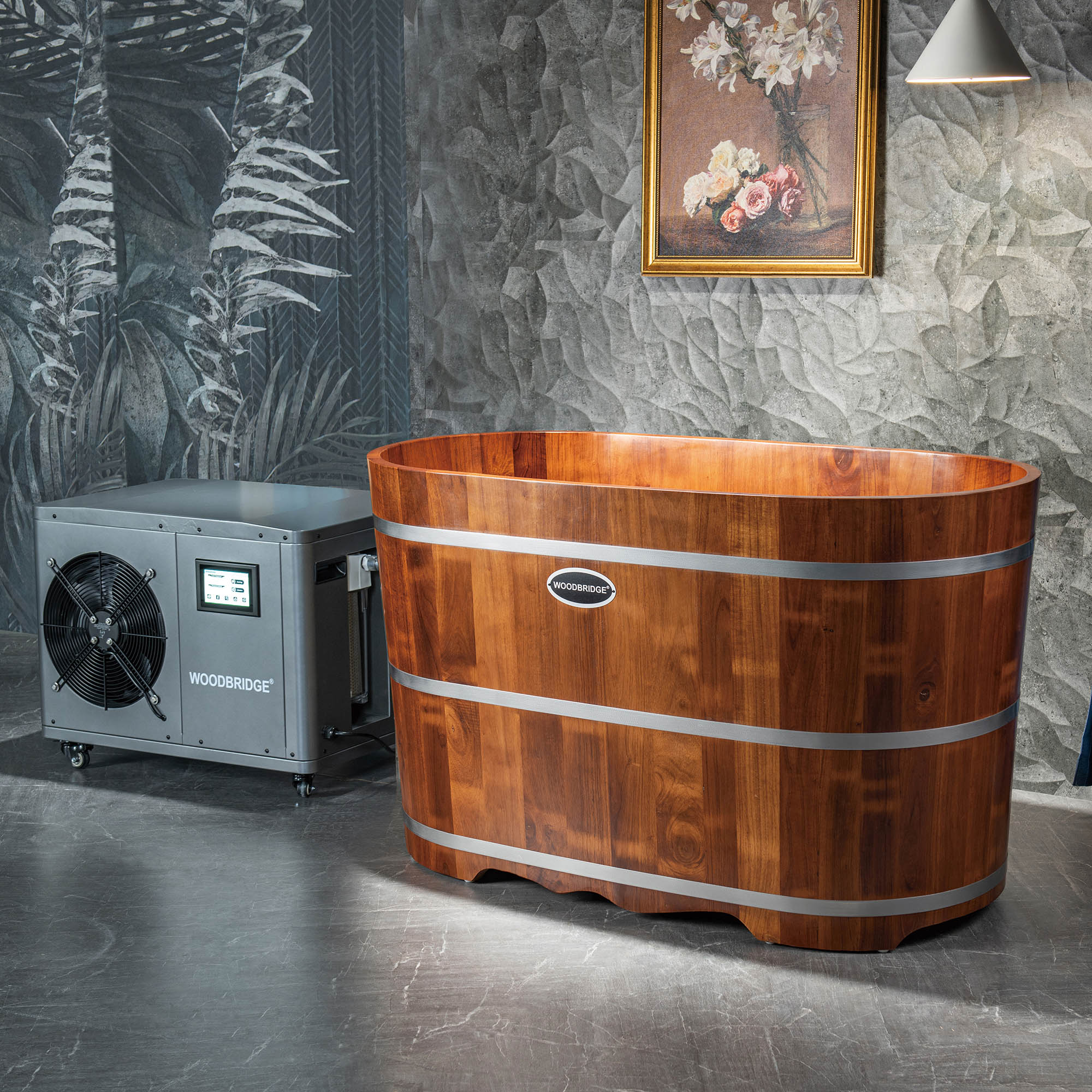 WOODBRIDGE 54" Cold Plunge Tub with 1.3 HP High-Performance Cooling and Heating Chiller in Gray, Ozone sanitation, Filter circulation system, Insulated Tub Lid, Wood Stool, Wood Seat
