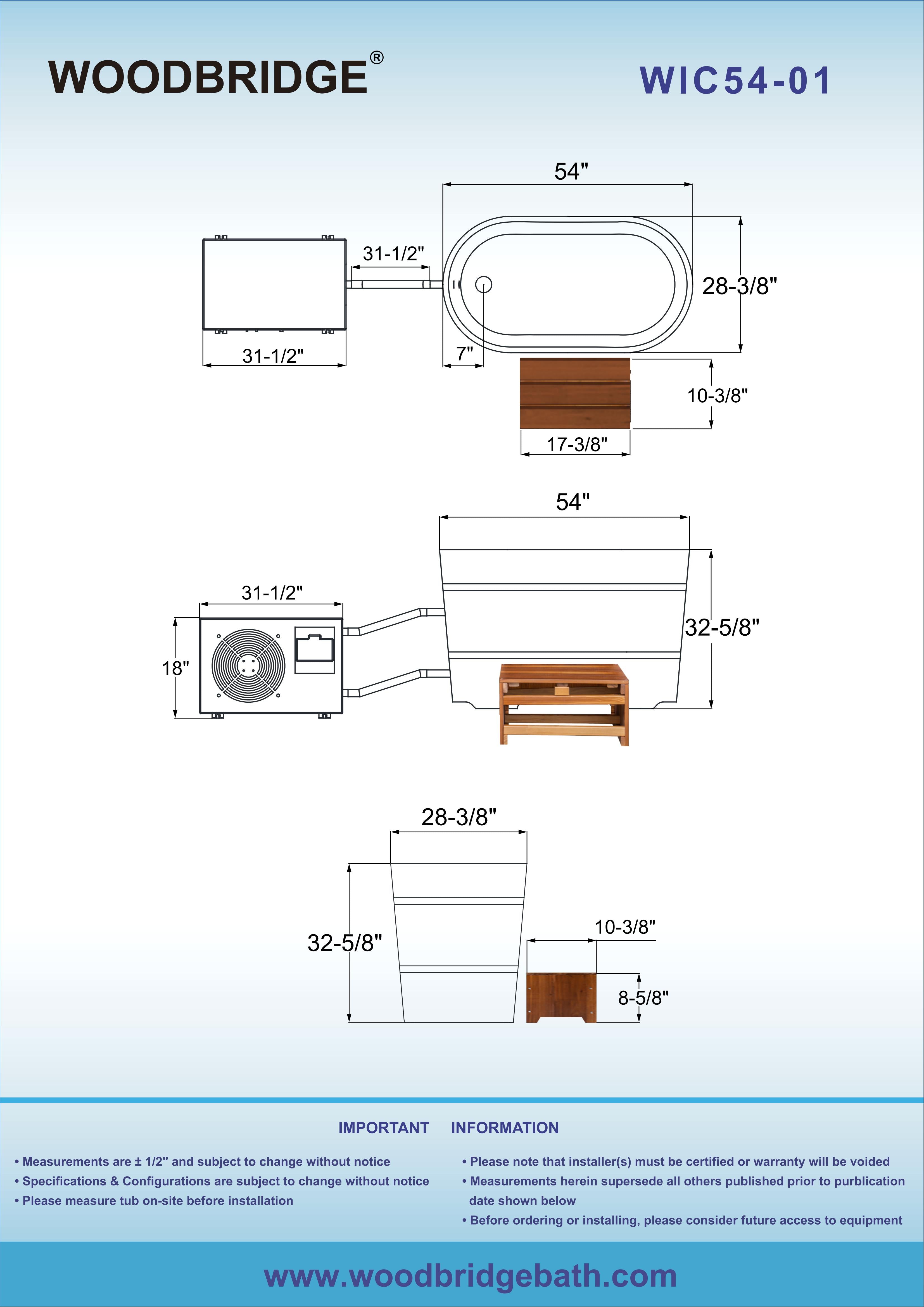 WOODBRIDGE 54" Luxury Indoor Cold Plunge Ice Tub with Chiller and Heater, Ozone sanitation, Filter circulation system, Insulated Tub Lid, Wood Stool, Wood seat, and Chrome Pop-Up Drain