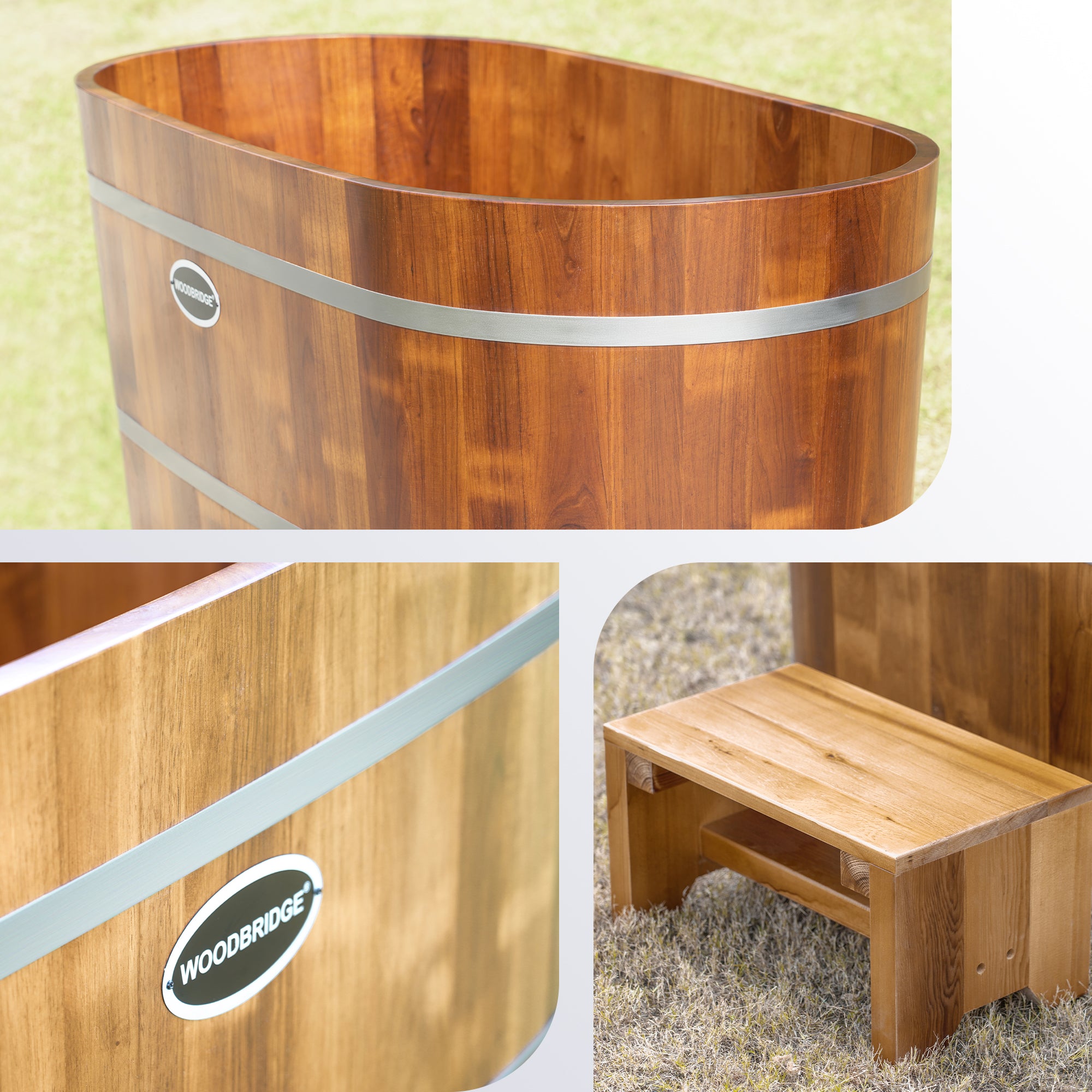 WOODBRIDGE 54" Luxury Indoor Cold Plunge Ice Tub with Chiller and Heater, Ozone sanitation, Filter circulation system, Insulated Tub Lid, Wood Stool, Wood seat, and Chrome Pop-Up Drain
