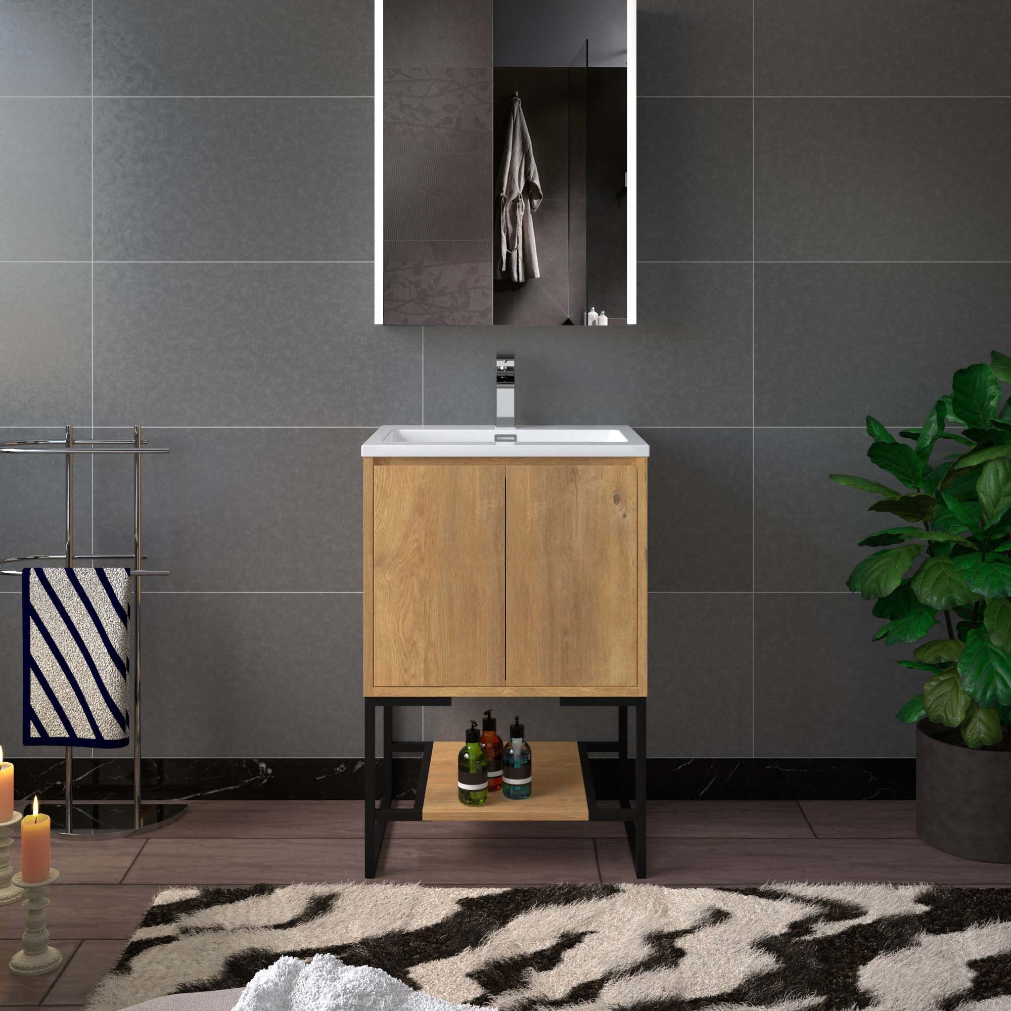 WOODBRIDGE 23-5/8 in. W x 18-7/8 in. D Bathroom Vanity in Oak with Resin Composite Vanity Top in Glossy White, with Stainless Steel Frame