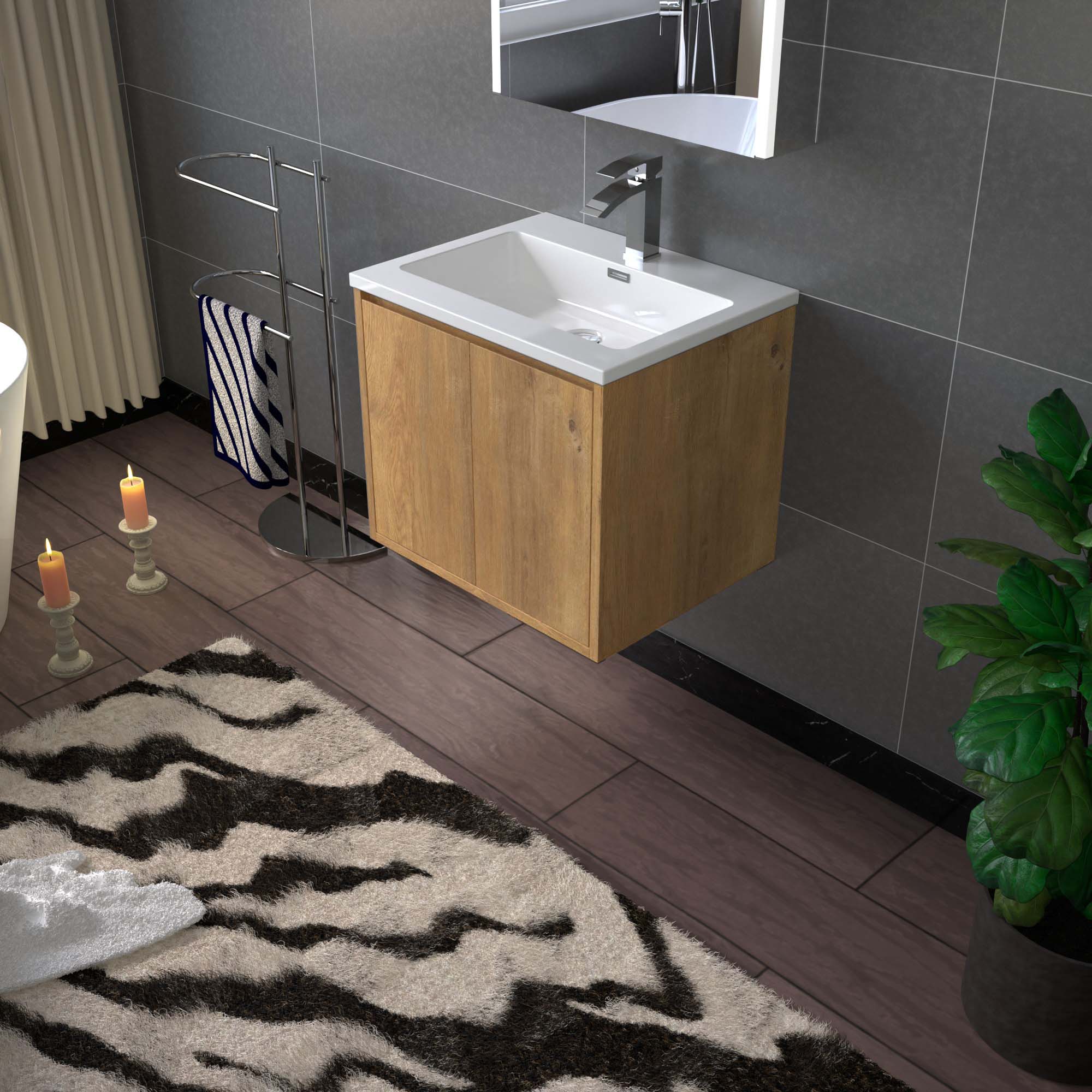 WOODBRIDGE 23-5/8 in. W x 18-7/8 in. D Bathroom Vanity in Oak with Resin Composite Vanity Top in Glossy White, with Stainless Steel Frame