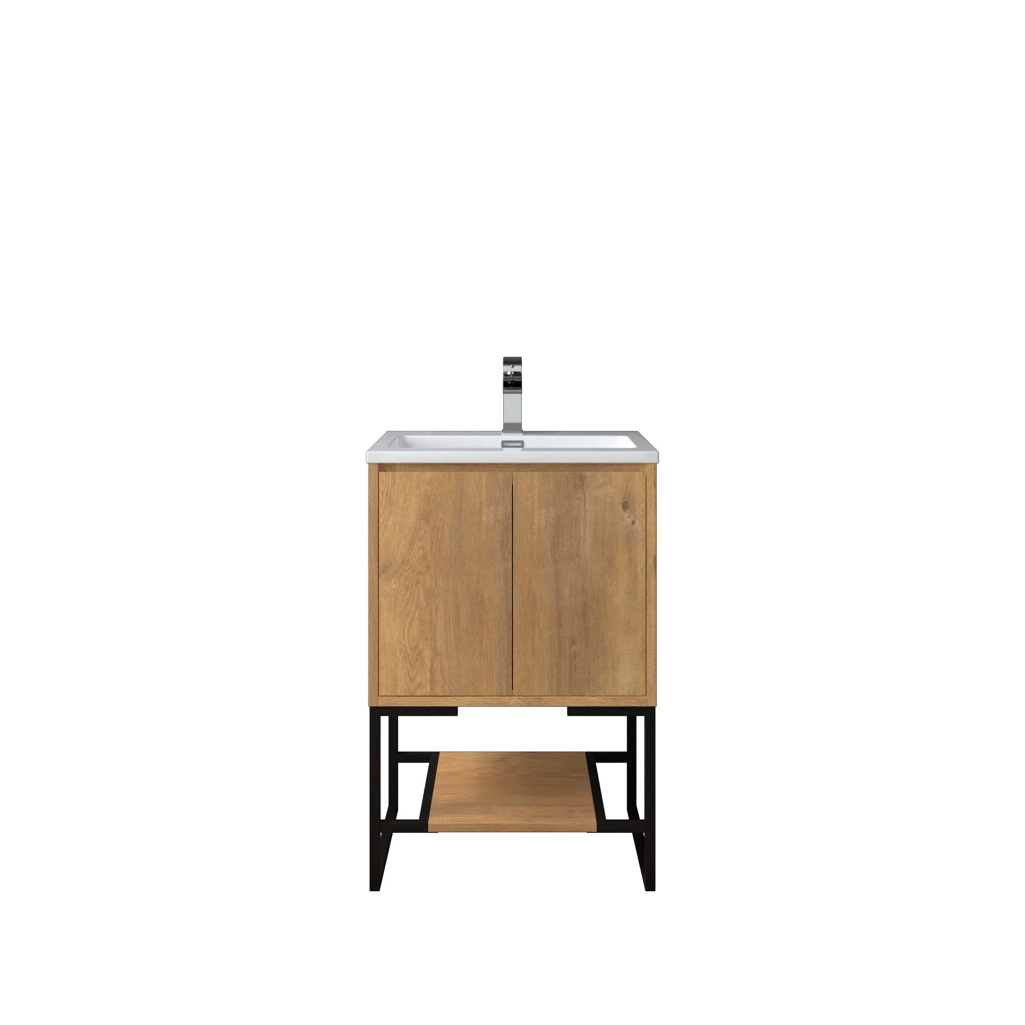 WOODBRIDGE 23-5/8 in. W x 18-7/8 in. D Bathroom Vanity in Oak with Resin Composite Vanity Top in Glossy White, with Stainless Steel Frame