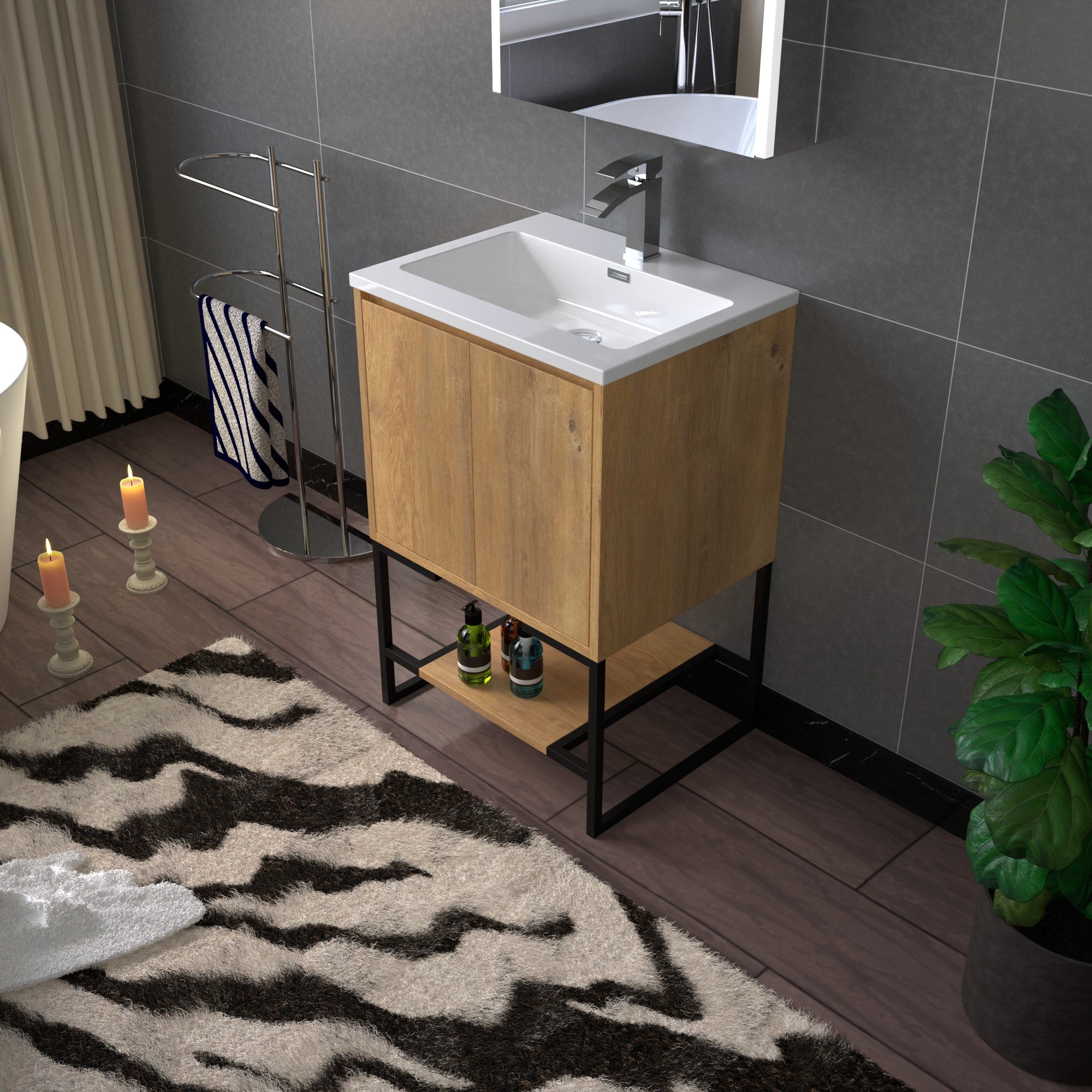 WOODBRIDGE 23-5/8 in. W x 18-7/8 in. D Bathroom Vanity in Oak with Resin Composite Vanity Top in Glossy White, with Stainless Steel Frame