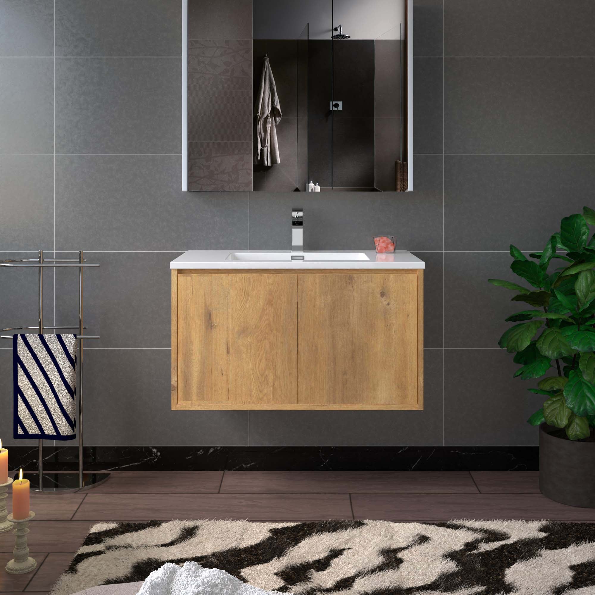 WOODBRIDGE 23-5/8 in. W x 18-7/8 in. D Bathroom Vanity in Oak with Resin Composite Vanity Top in Glossy White, with Stainless Steel Frame