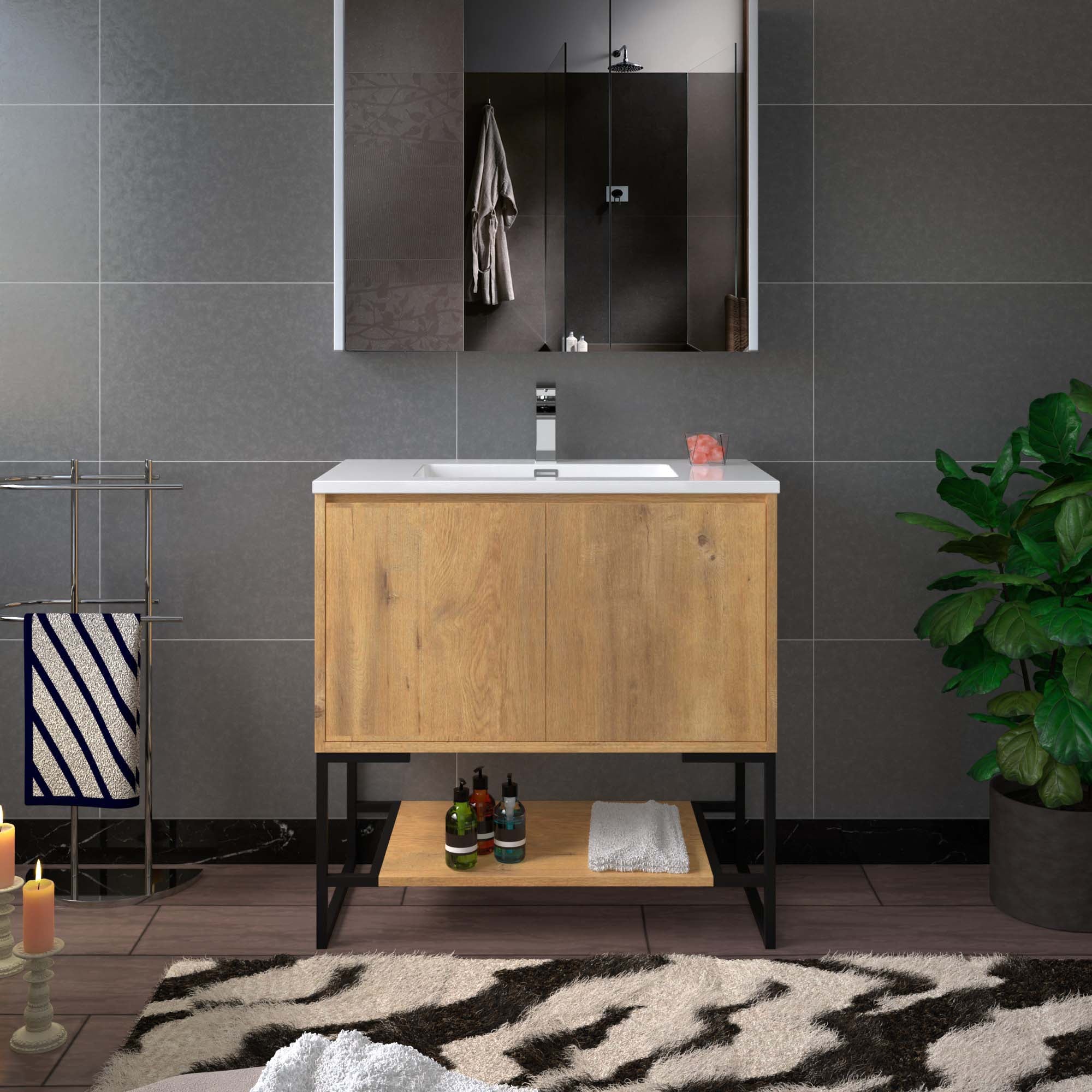 WOODBRIDGE 23-5/8 in. W x 18-7/8 in. D Bathroom Vanity in Oak with Resin Composite Vanity Top in Glossy White, with Stainless Steel Frame