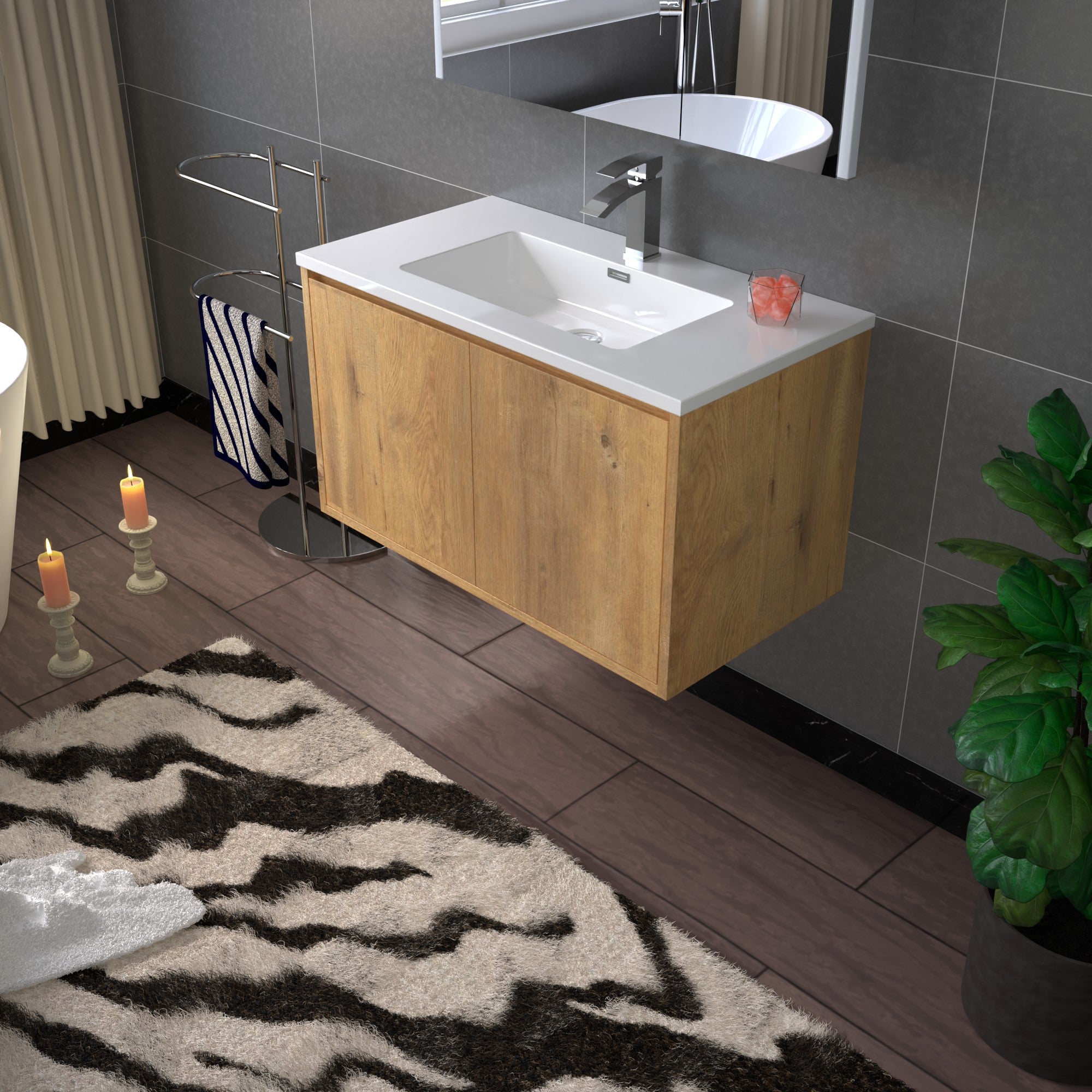 WOODBRIDGE 23-5/8 in. W x 18-7/8 in. D Bathroom Vanity in Oak with Resin Composite Vanity Top in Glossy White, with Stainless Steel Frame