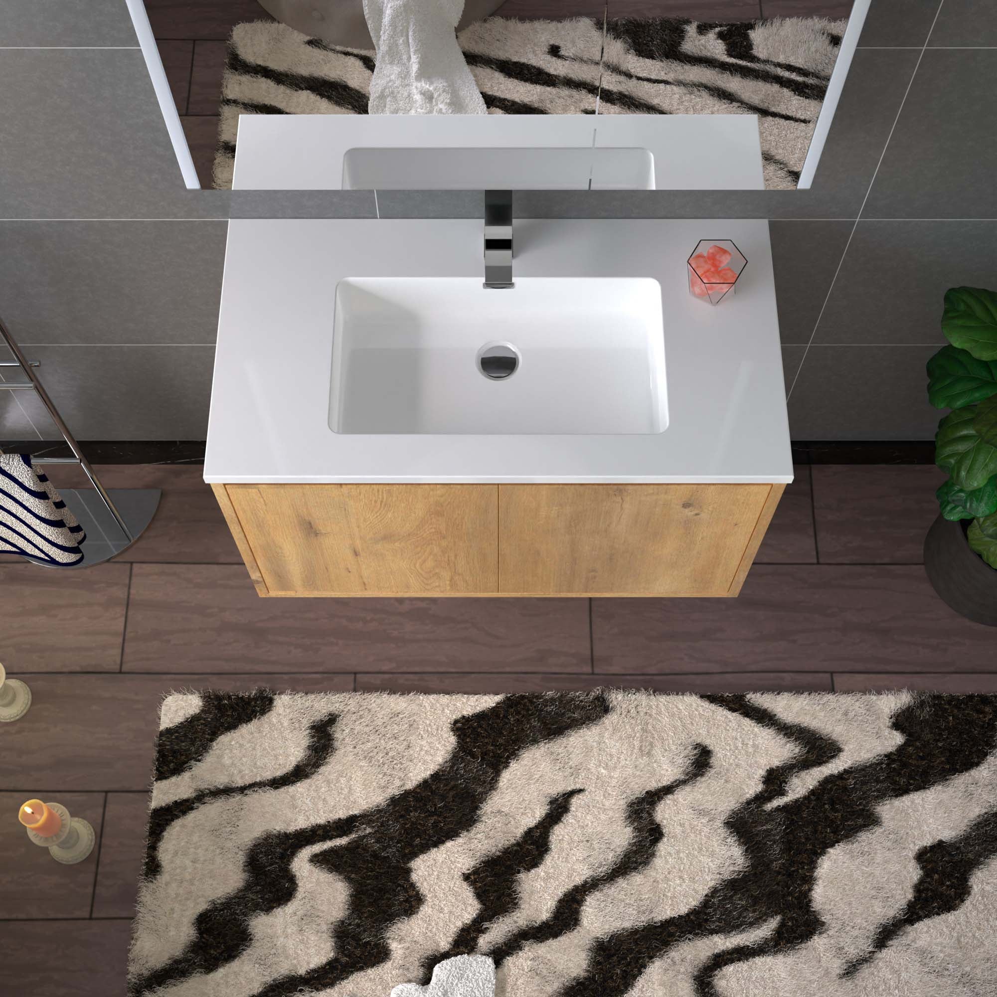 WOODBRIDGE 23-5/8 in. W x 18-7/8 in. D Bathroom Vanity in Oak with Resin Composite Vanity Top in Glossy White, with Stainless Steel Frame
