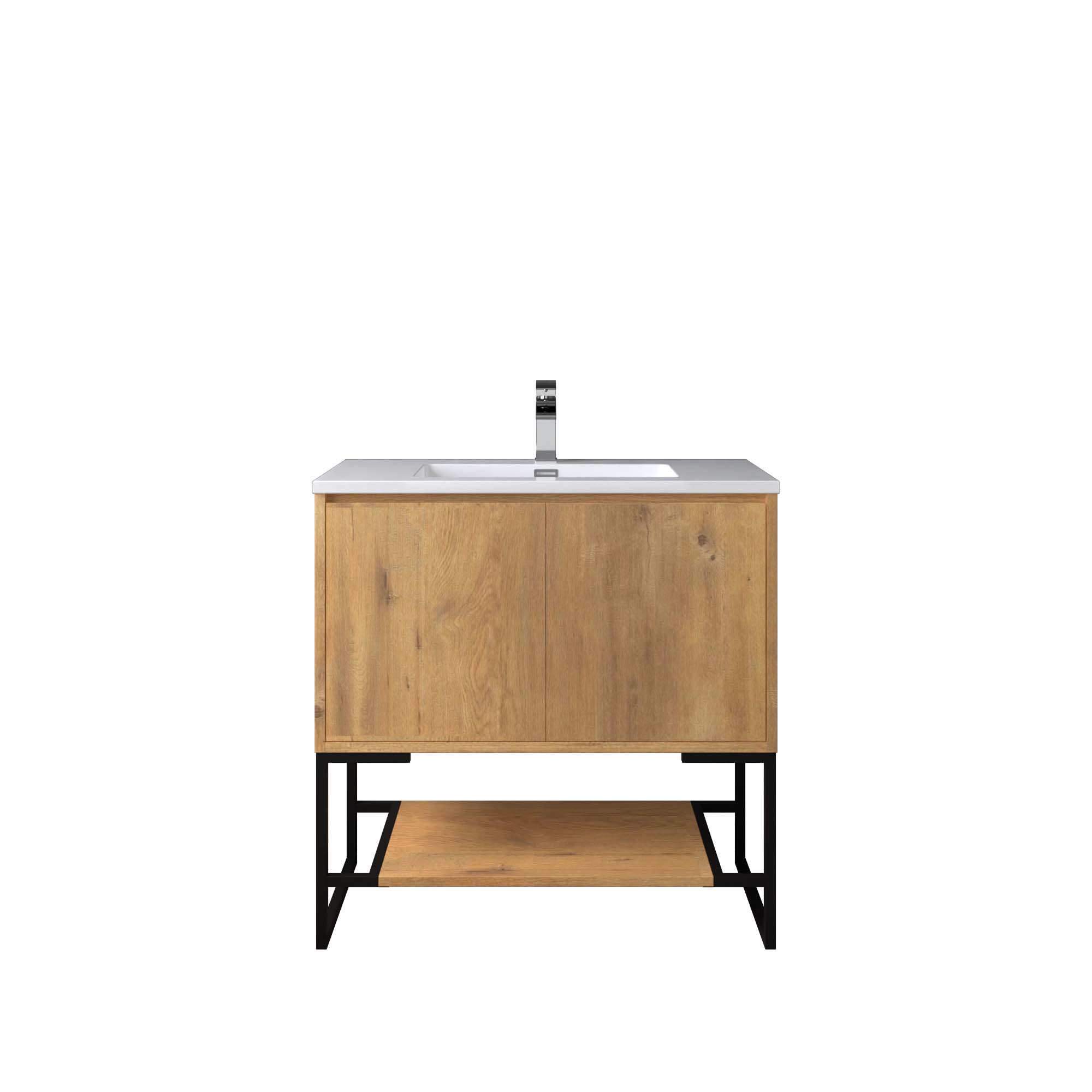 WOODBRIDGE 23-5/8 in. W x 18-7/8 in. D Bathroom Vanity in Oak with Resin Composite Vanity Top in Glossy White, with Stainless Steel Frame