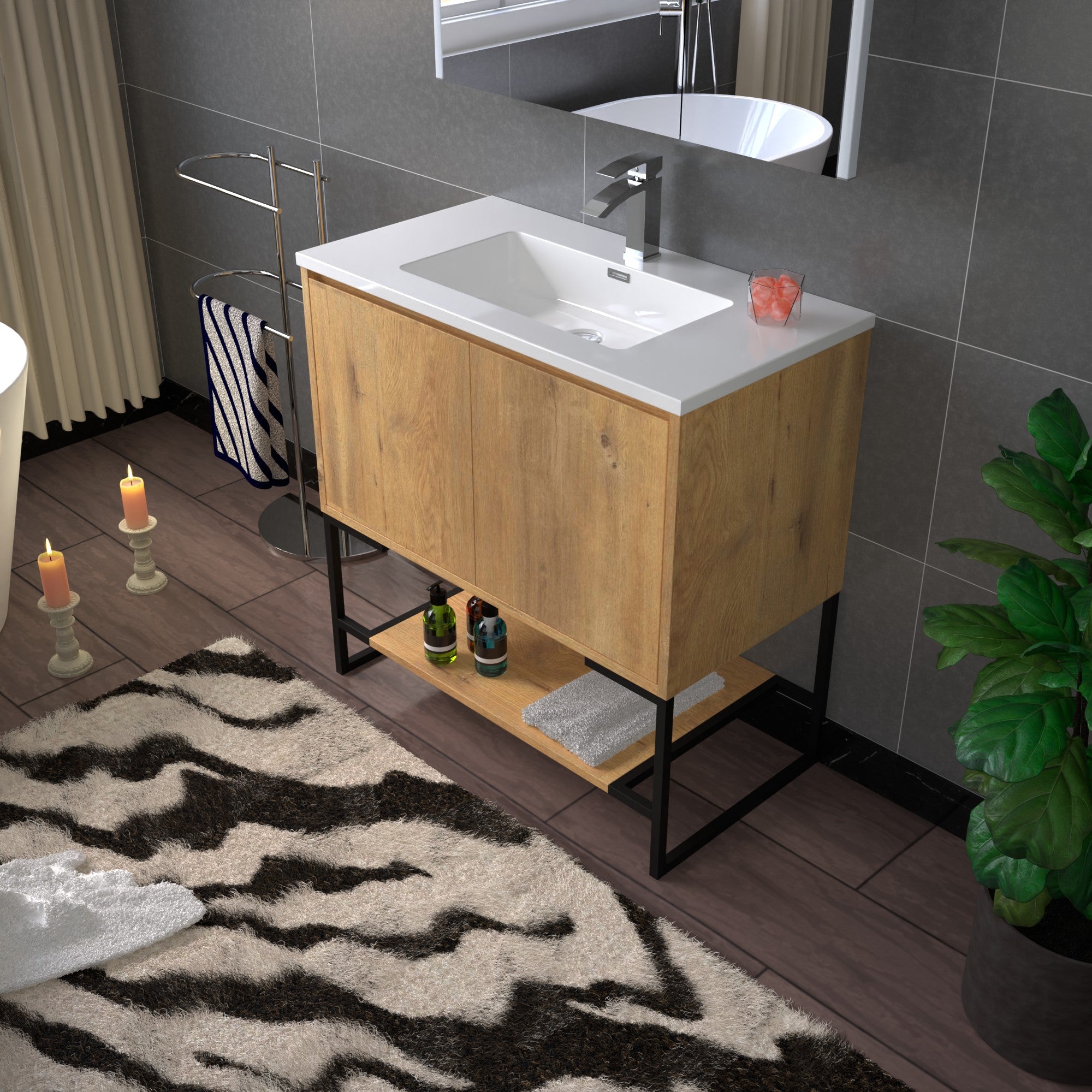 WOODBRIDGE 23-5/8 in. W x 18-7/8 in. D Bathroom Vanity in Oak with Resin Composite Vanity Top in Glossy White, with Stainless Steel Frame