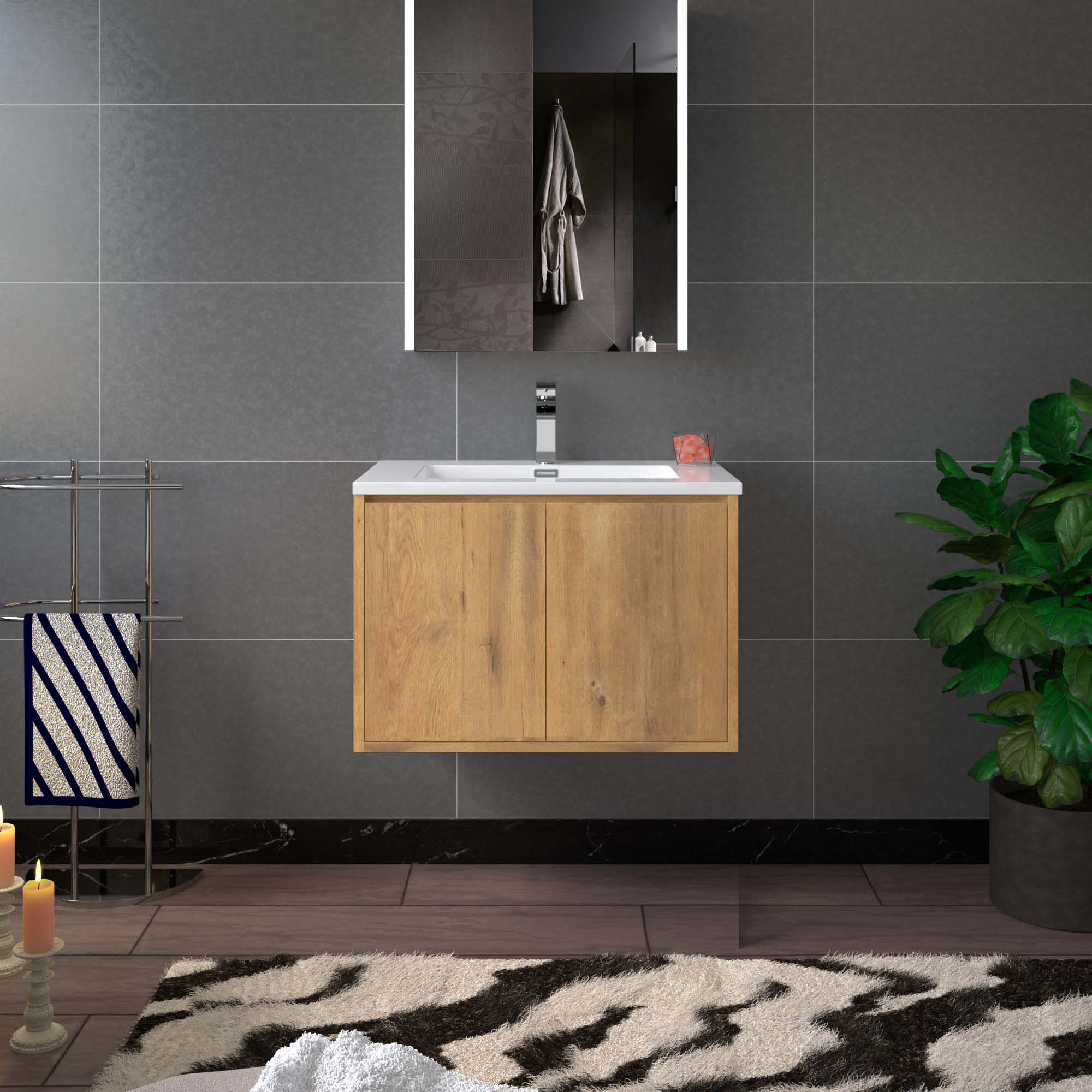 WOODBRIDGE 23-5/8 in. W x 18-7/8 in. D Bathroom Vanity in Oak with Resin Composite Vanity Top in Glossy White, with Stainless Steel Frame