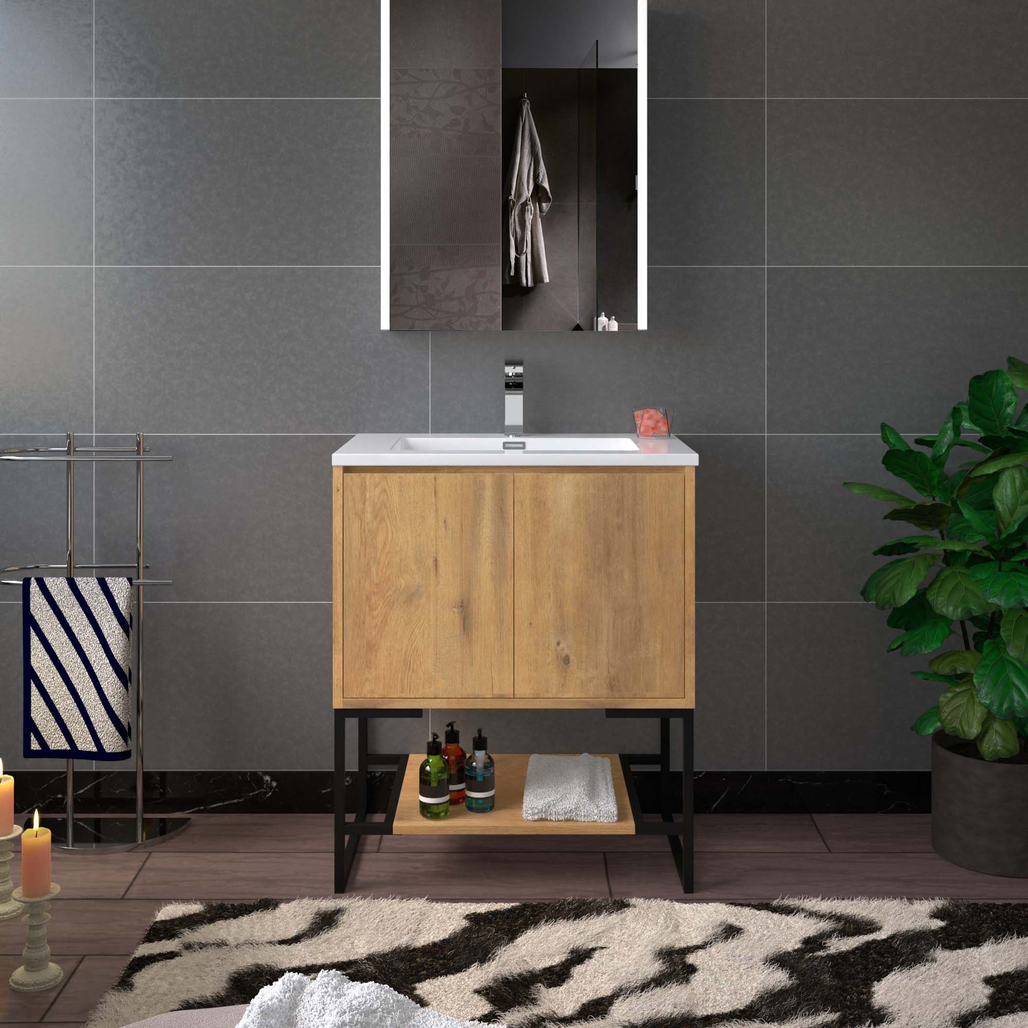 WOODBRIDGE 23-5/8 in. W x 18-7/8 in. D Bathroom Vanity in Oak with Resin Composite Vanity Top in Glossy White, with Stainless Steel Frame