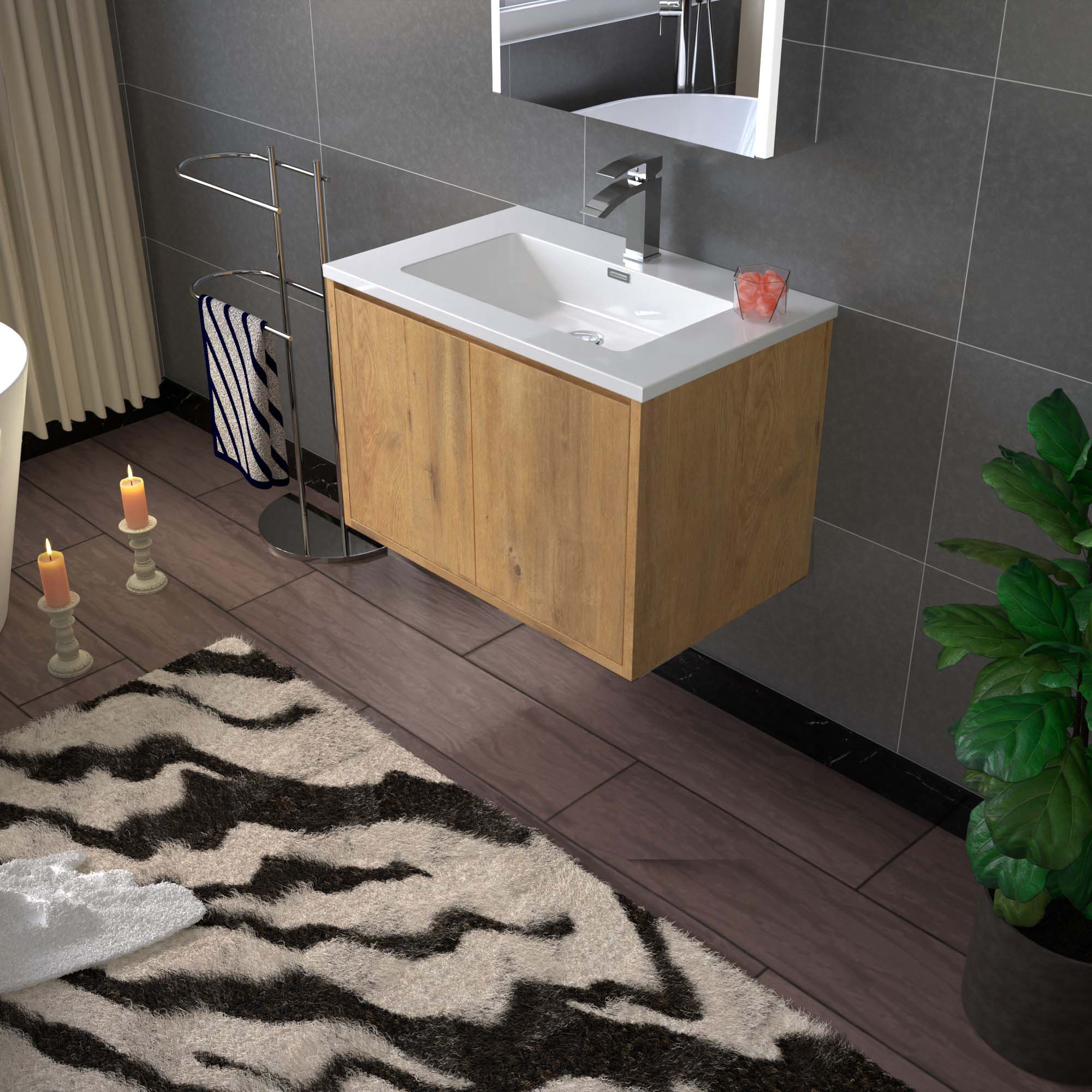 WOODBRIDGE 23-5/8 in. W x 18-7/8 in. D Bathroom Vanity in Oak with Resin Composite Vanity Top in Glossy White, with Stainless Steel Frame