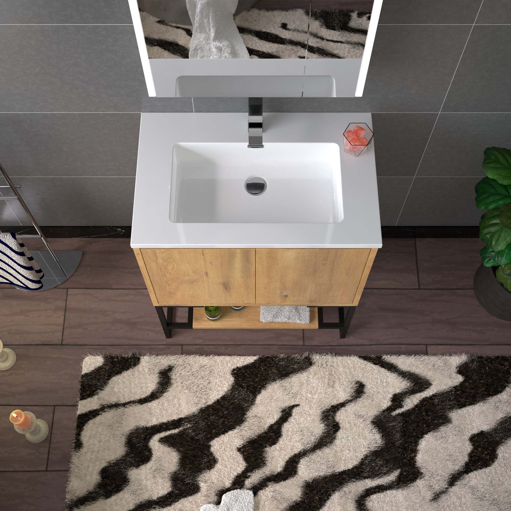 WOODBRIDGE 23-5/8 in. W x 18-7/8 in. D Bathroom Vanity in Oak with Resin Composite Vanity Top in Glossy White, with Stainless Steel Frame