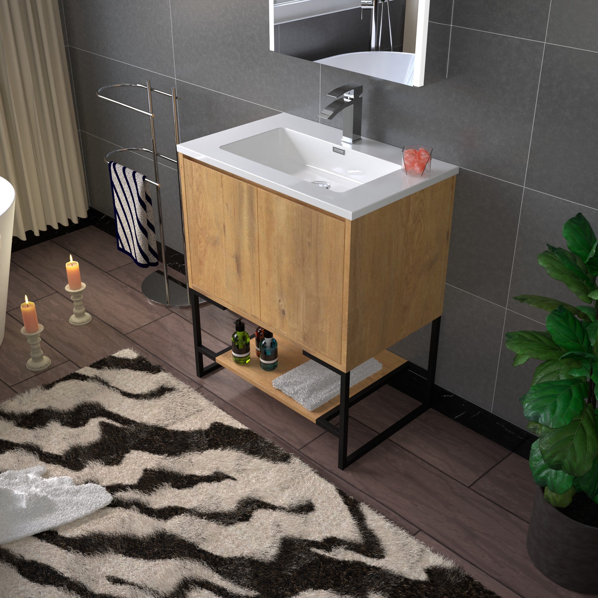 WOODBRIDGE 23-5/8 in. W x 18-7/8 in. D Bathroom Vanity in Oak with Resin Composite Vanity Top in Glossy White, with Stainless Steel Frame