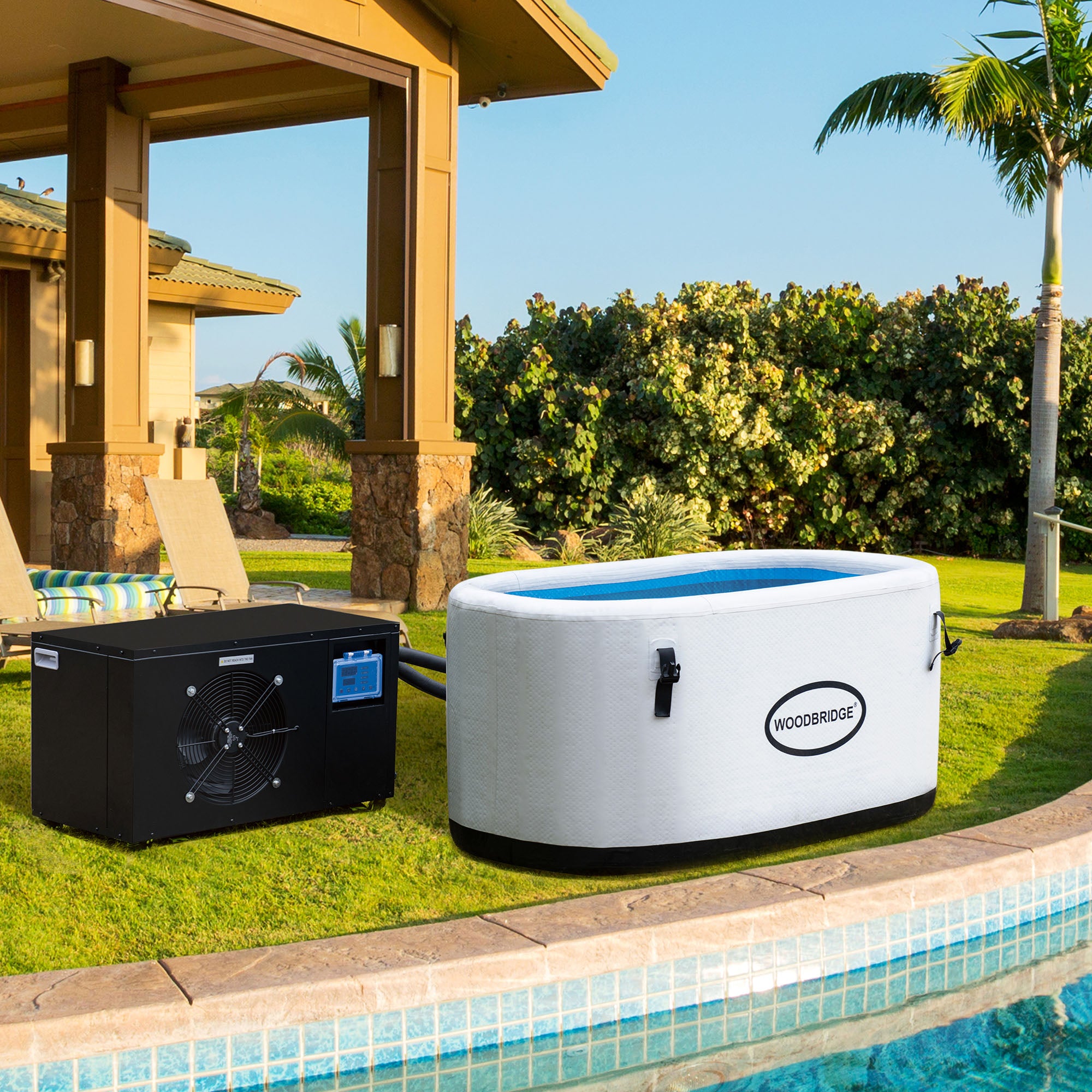 WOODBRIDGE Inflatable Cold Plunge Tub with 1 HP Cooling and Heating Chiller,Filter circulation system, PVC Insulated Lid, Hand Pump and Repair Kit Included, Anti-Slid Bottom
