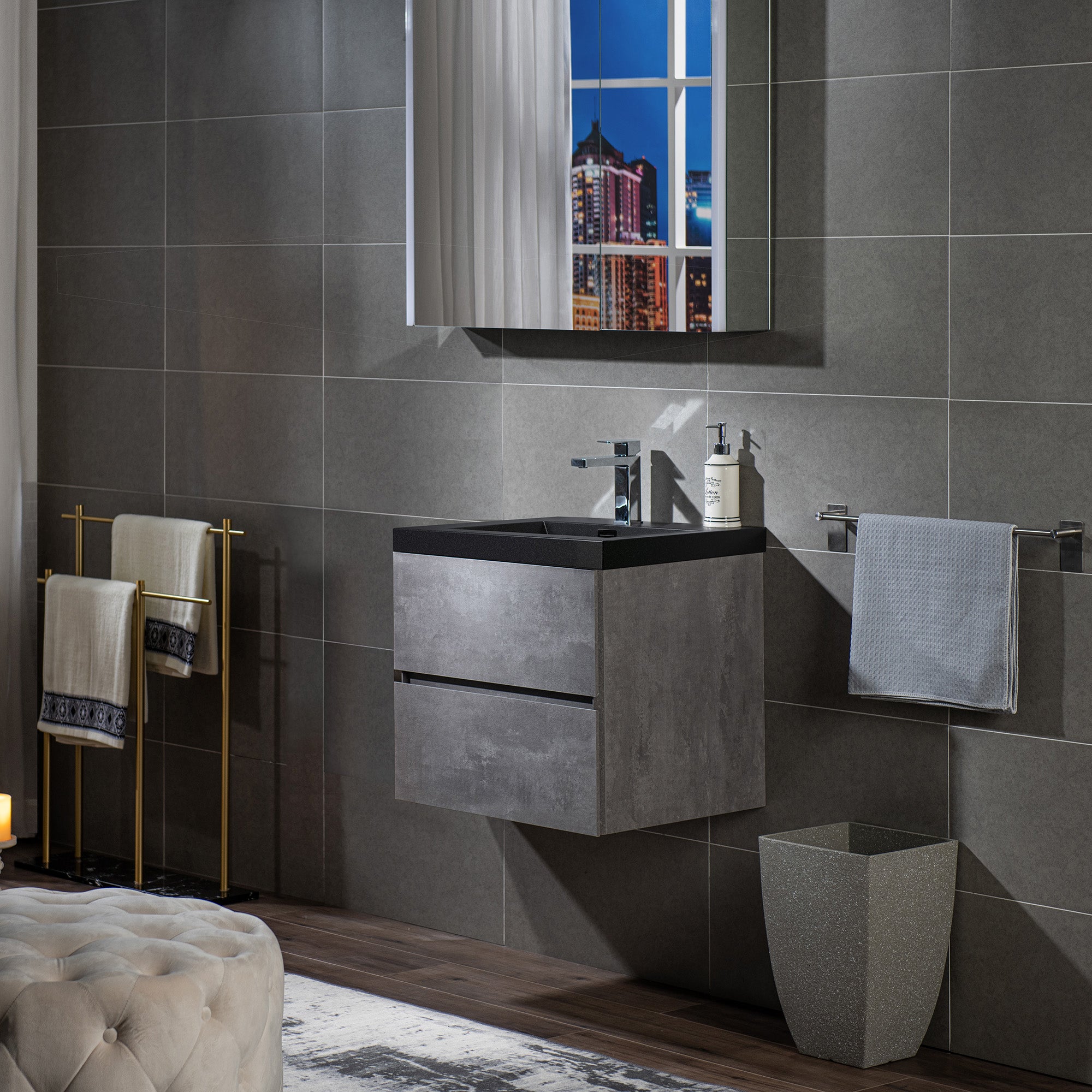 WOODBRIDGE 23-5/8 in. W x 19-5/8 in. D Wall Mounted Floating Bathroom Vanity in Gray with Quartz Sand Composite Vanity Top in Matte Black