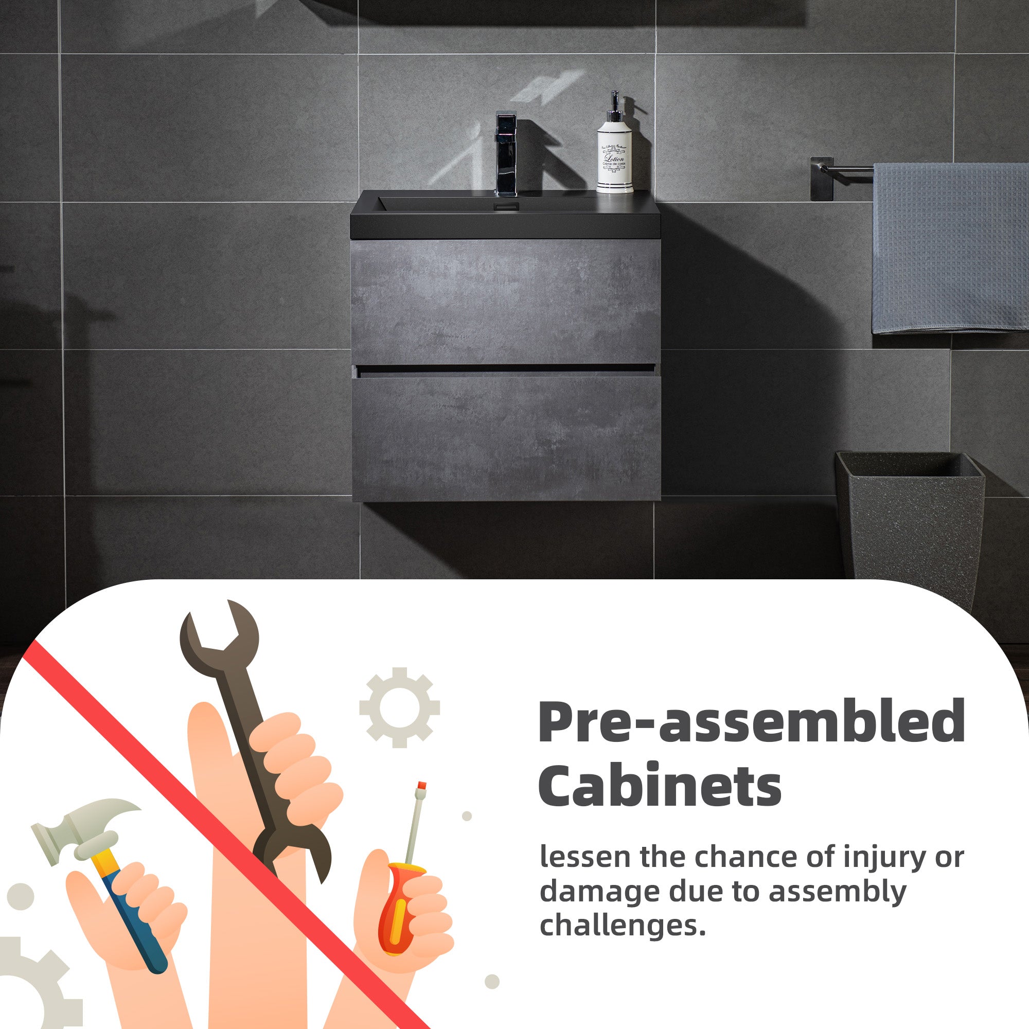 WOODBRIDGE 23-5/8 in. W x 19-5/8 in. D Wall Mounted Floating Bathroom Vanity in Gray with Quartz Sand Composite Vanity Top in Matte Black