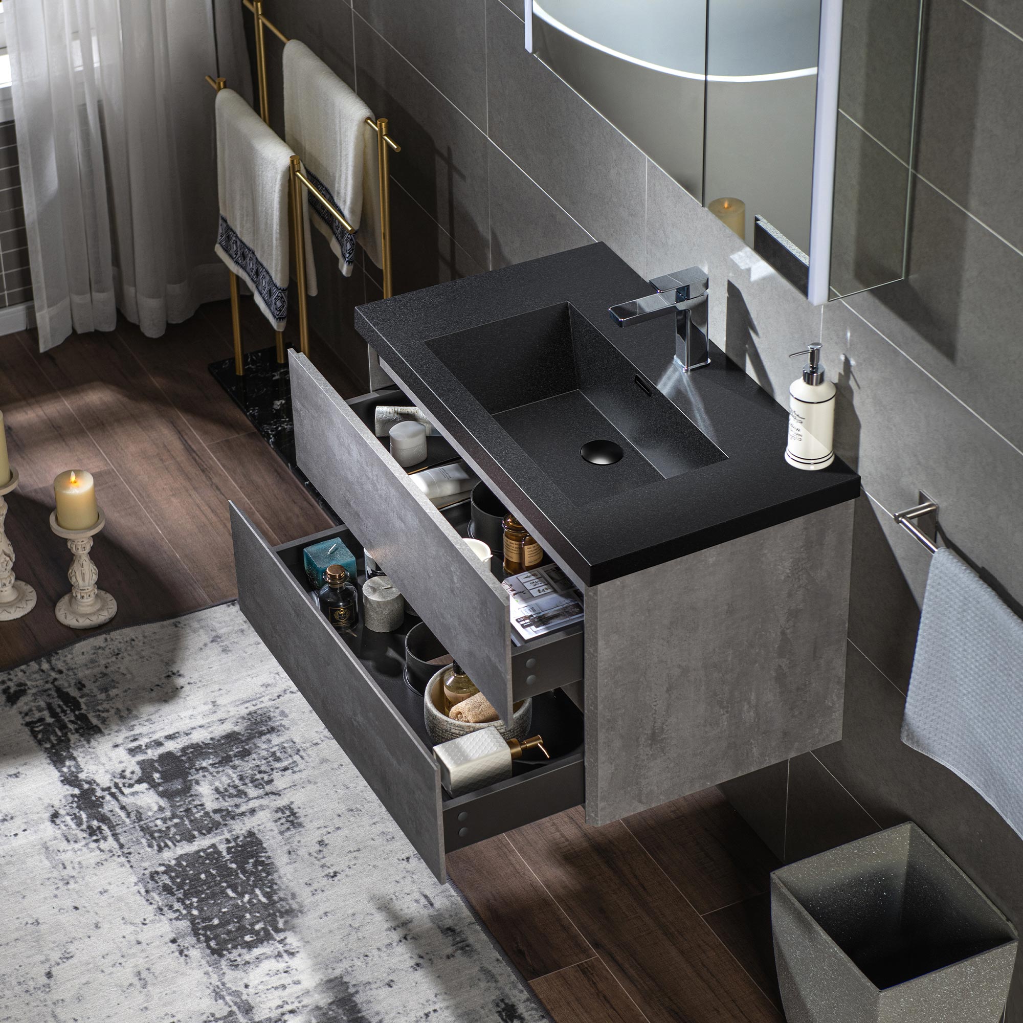 WOODBRIDGE 23-5/8 in. W x 19-5/8 in. D Wall Mounted Floating Bathroom Vanity in Gray with Quartz Sand Composite Vanity Top in Matte Black