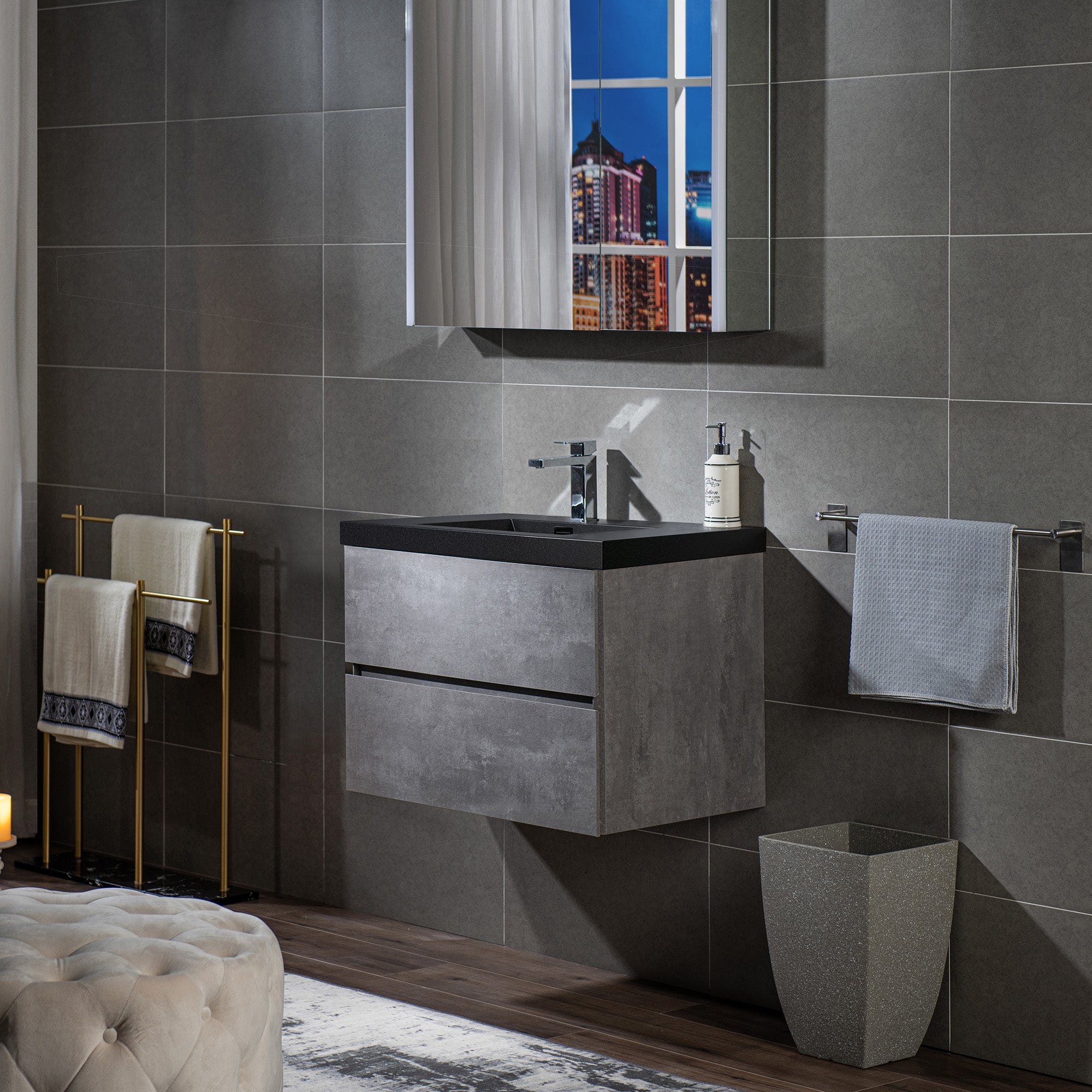 WOODBRIDGE 23-5/8 in. W x 19-5/8 in. D Wall Mounted Floating Bathroom Vanity in Gray with Quartz Sand Composite Vanity Top in Matte Black