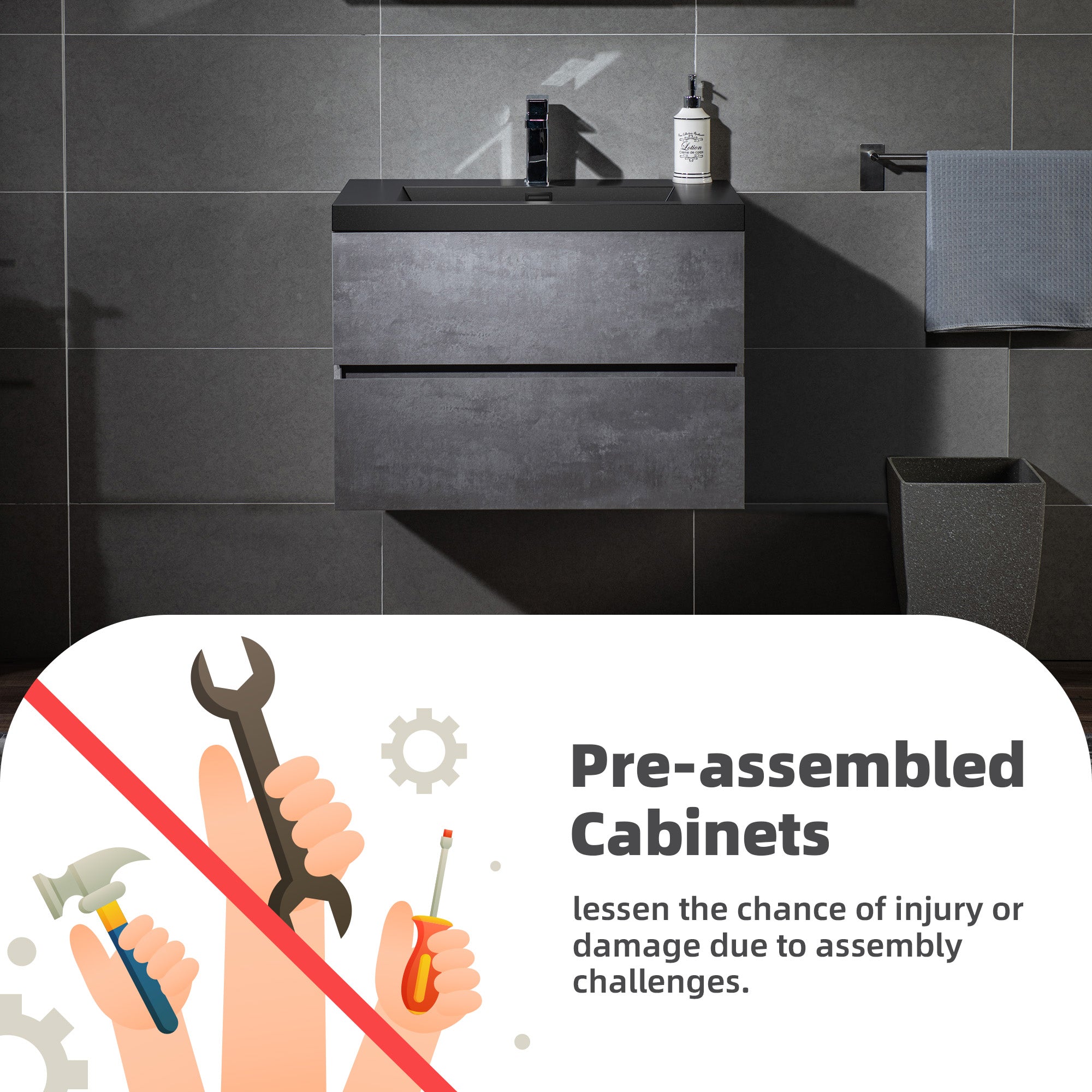 WOODBRIDGE 23-5/8 in. W x 19-5/8 in. D Wall Mounted Floating Bathroom Vanity in Gray with Quartz Sand Composite Vanity Top in Matte Black
