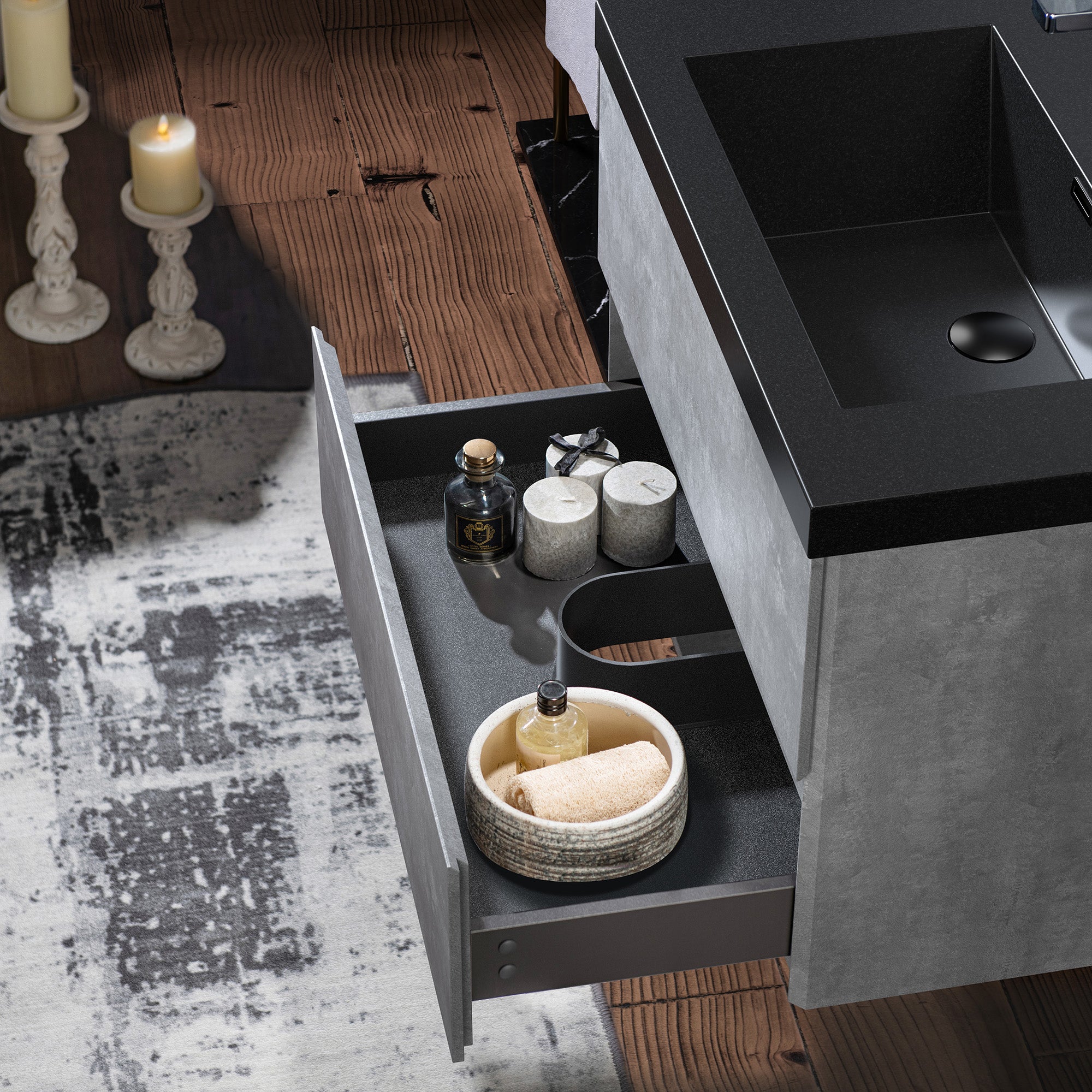 WOODBRIDGE 23-5/8 in. W x 19-5/8 in. D Wall Mounted Floating Bathroom Vanity in Gray with Quartz Sand Composite Vanity Top in Matte Black