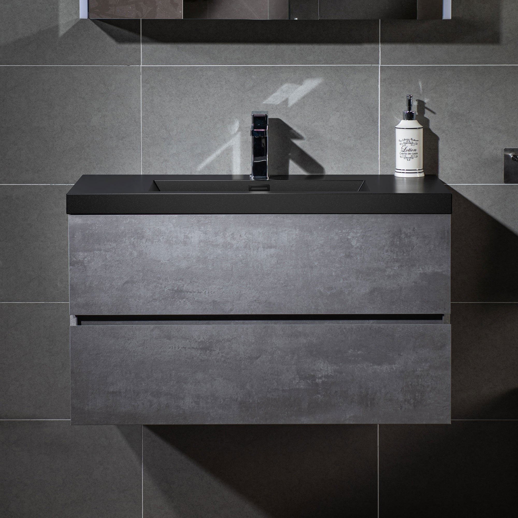 WOODBRIDGE 23-5/8 in. W x 19-5/8 in. D Wall Mounted Floating Bathroom Vanity in Gray with Quartz Sand Composite Vanity Top in Matte Black