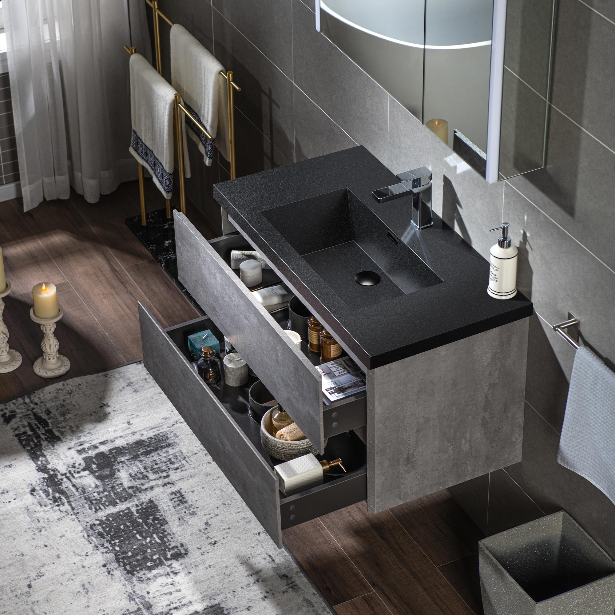 WOODBRIDGE 23-5/8 in. W x 19-5/8 in. D Wall Mounted Floating Bathroom Vanity in Gray with Quartz Sand Composite Vanity Top in Matte Black