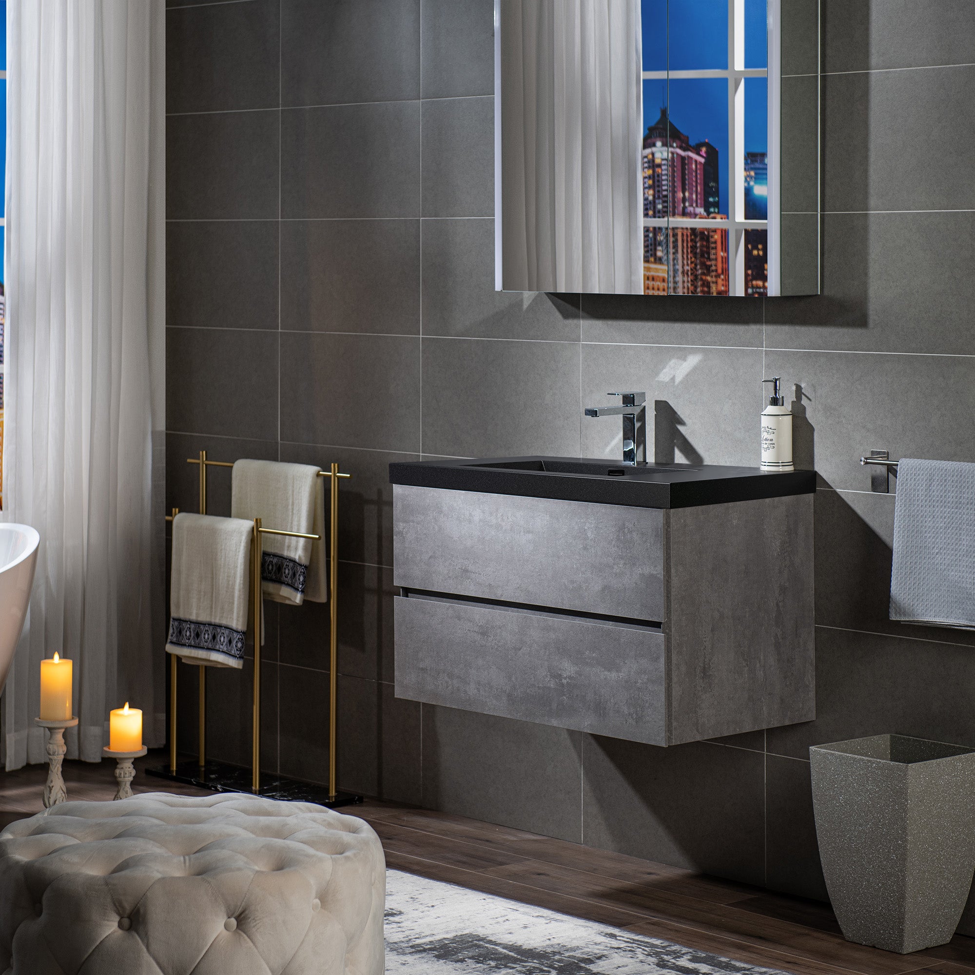 WOODBRIDGE 23-5/8 in. W x 19-5/8 in. D Wall Mounted Floating Bathroom Vanity in Gray with Quartz Sand Composite Vanity Top in Matte Black