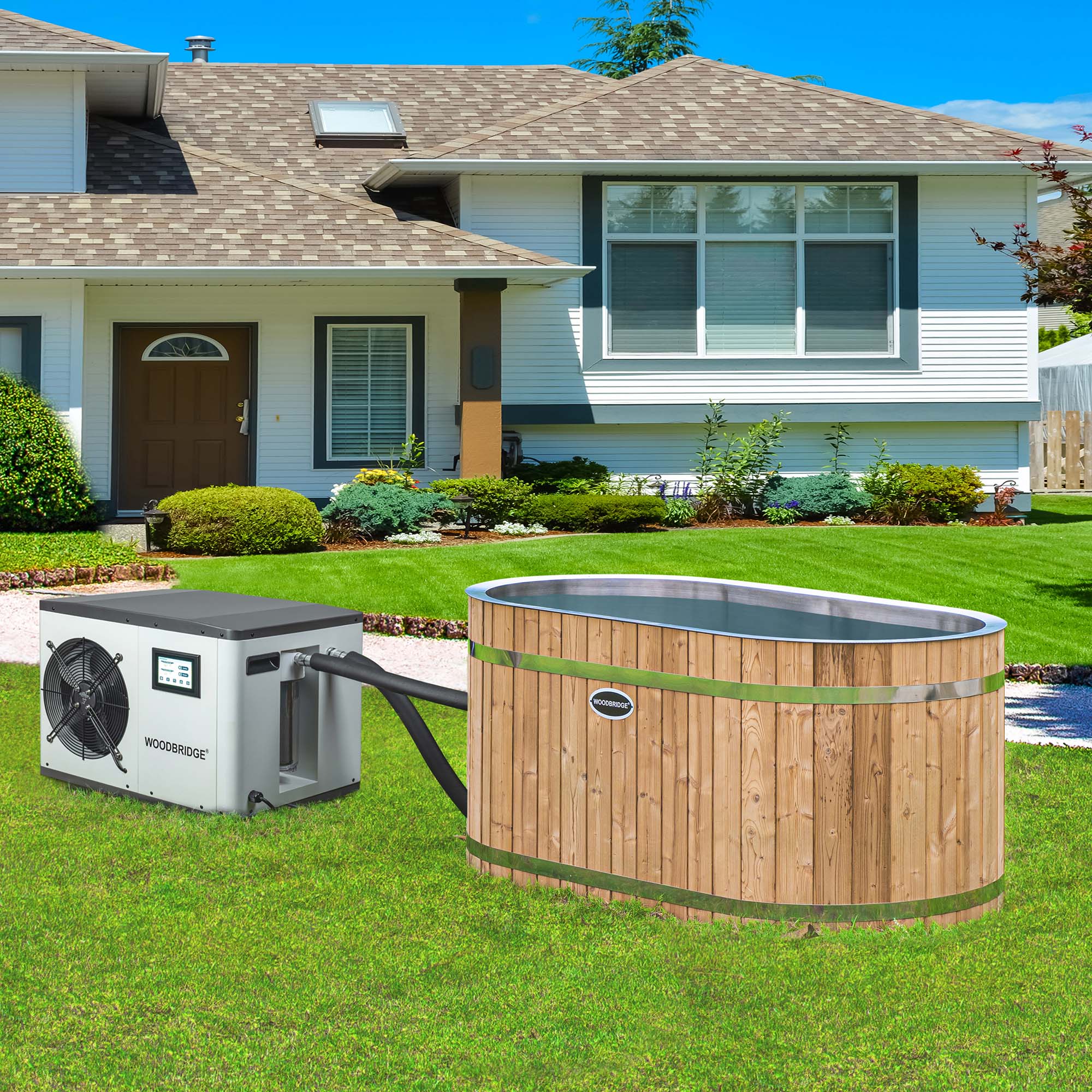 WOODBRIDGE 59" Cold Plunge Tub with 1.3 HP High-Performance Cooling and Heating Chiller in White, Ozone sanitation, Filter circulation system, Insulated Tub Lid, Wood Stool, Wood Seat