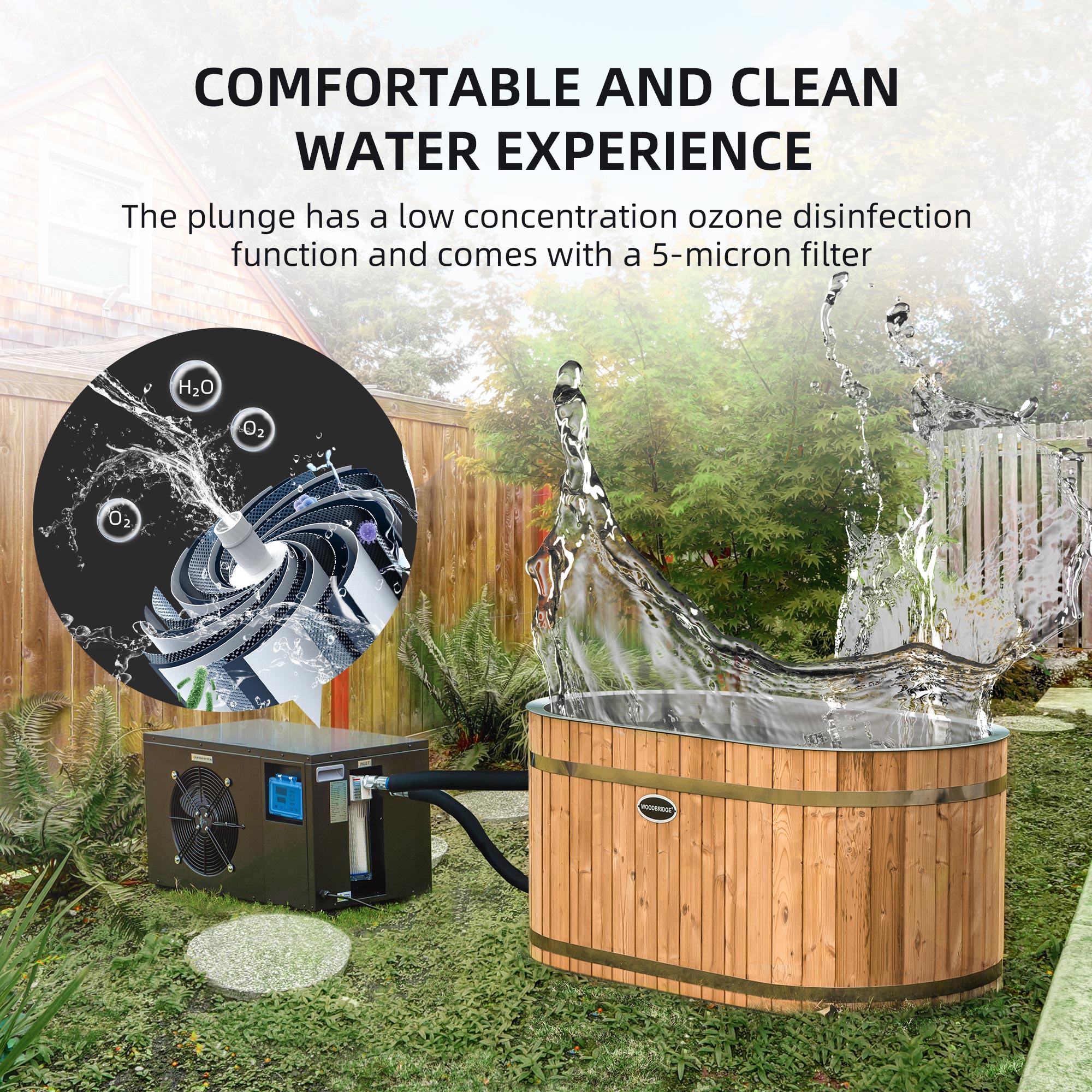 WOODBRIDGE 59" Luxury Cold Plunge Ice Tub with Chiller and Heater, Stainless Steel Liner, Ozone sanitation, Filter circulation system, Insulated Tub Lid, Wood Stool, Wood seat and Chrome Pop-Up Drain