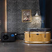 WOODBRIDGE 59" Luxury Cold Plunge Ice Tub with Chiller and Heater, Stainless Steel Liner, Ozone sanitation, Filter circulation system, Insulated Tub Lid, Wood Stool, Wood seat and Chrome Pop-Up Drain