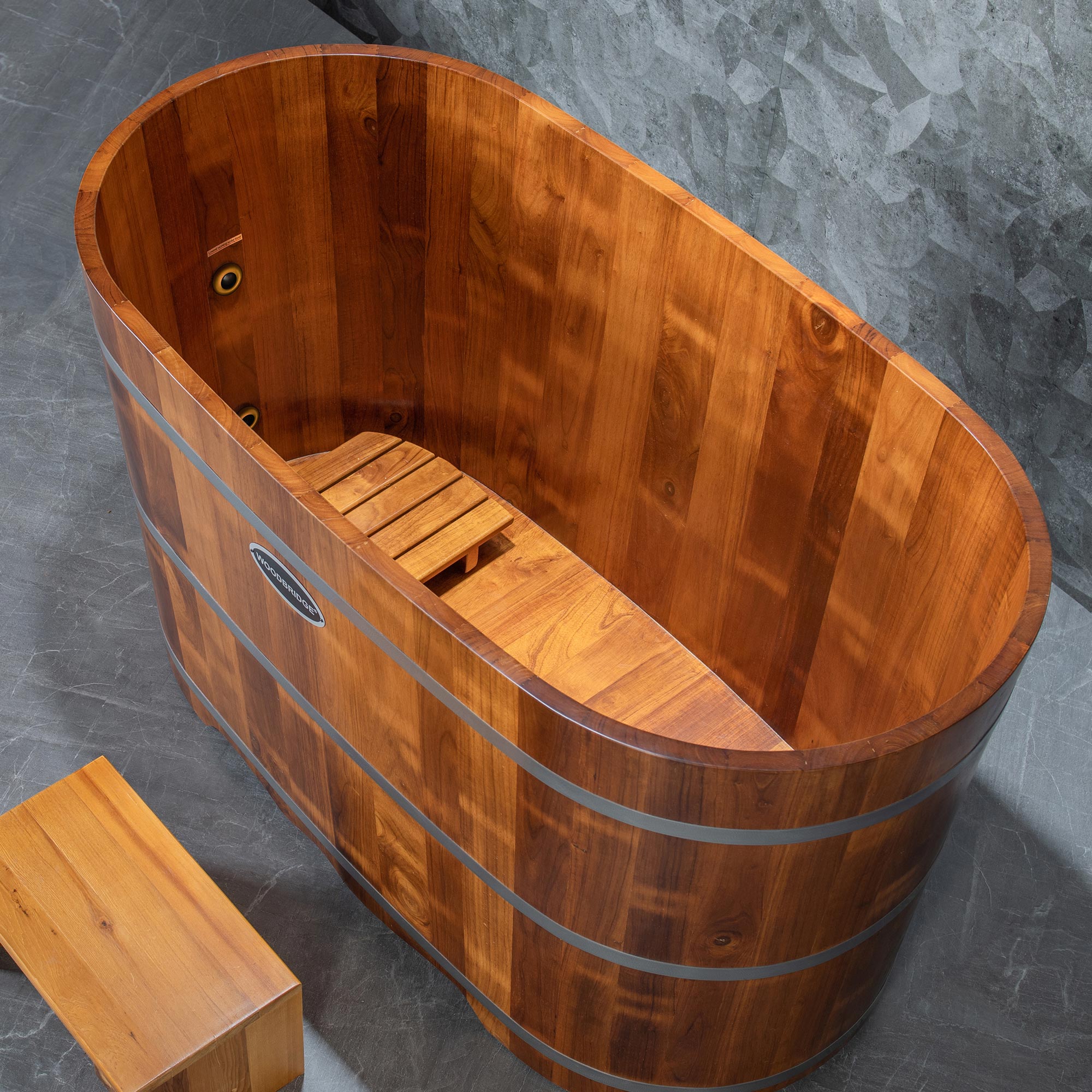 WOODBRIDGE 54" Luxury Indoor Cold Plunge Ice Tub with Chiller and Heater, Ozone sanitation, Filter circulation system, Insulated Tub Lid, Wood Stool, Wood seat, and Chrome Pop-Up Drain
