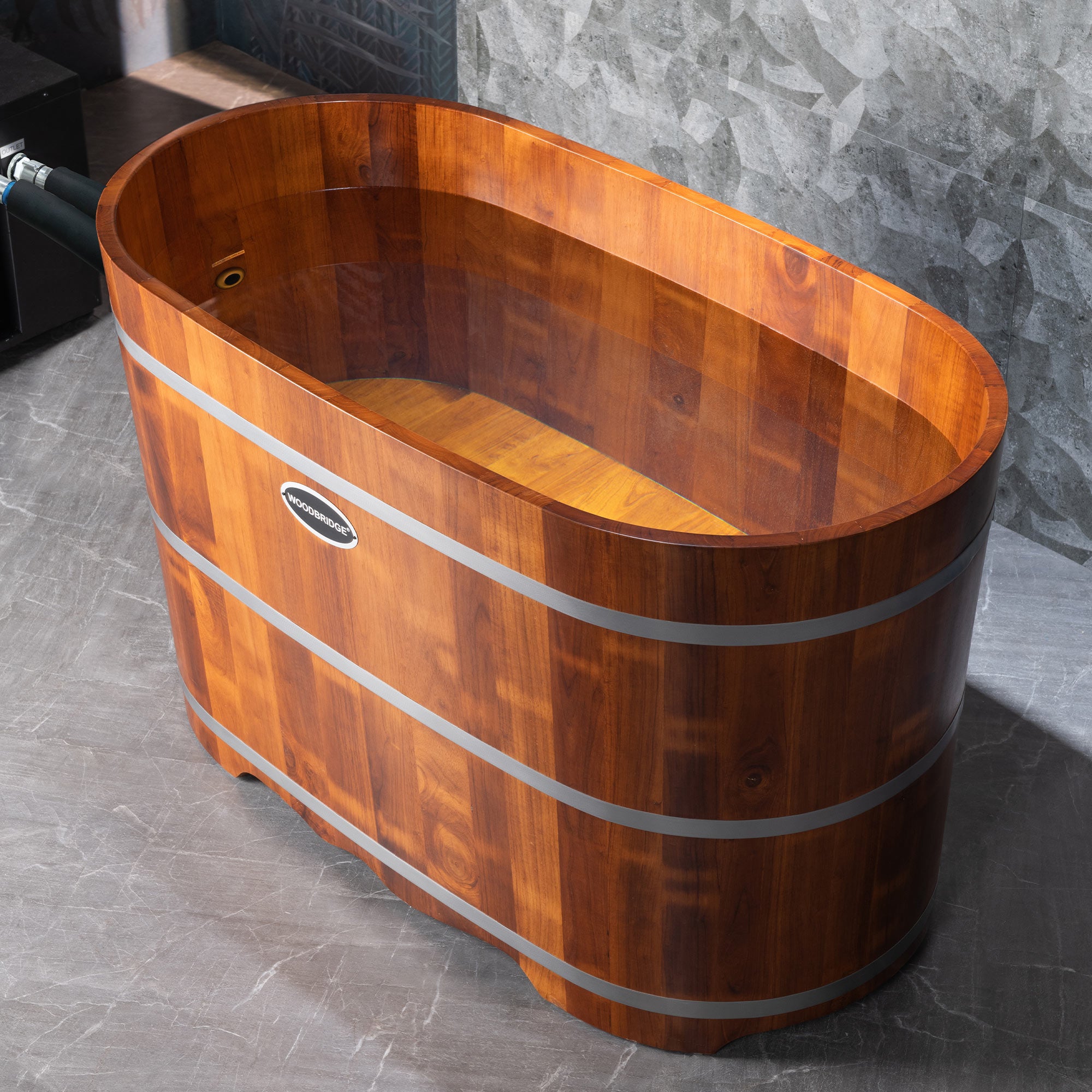 WOODBRIDGE 54" Luxury Indoor Cold Plunge Ice Tub with Chiller and Heater, Ozone sanitation, Filter circulation system, Insulated Tub Lid, Wood Stool, Wood seat, and Chrome Pop-Up Drain