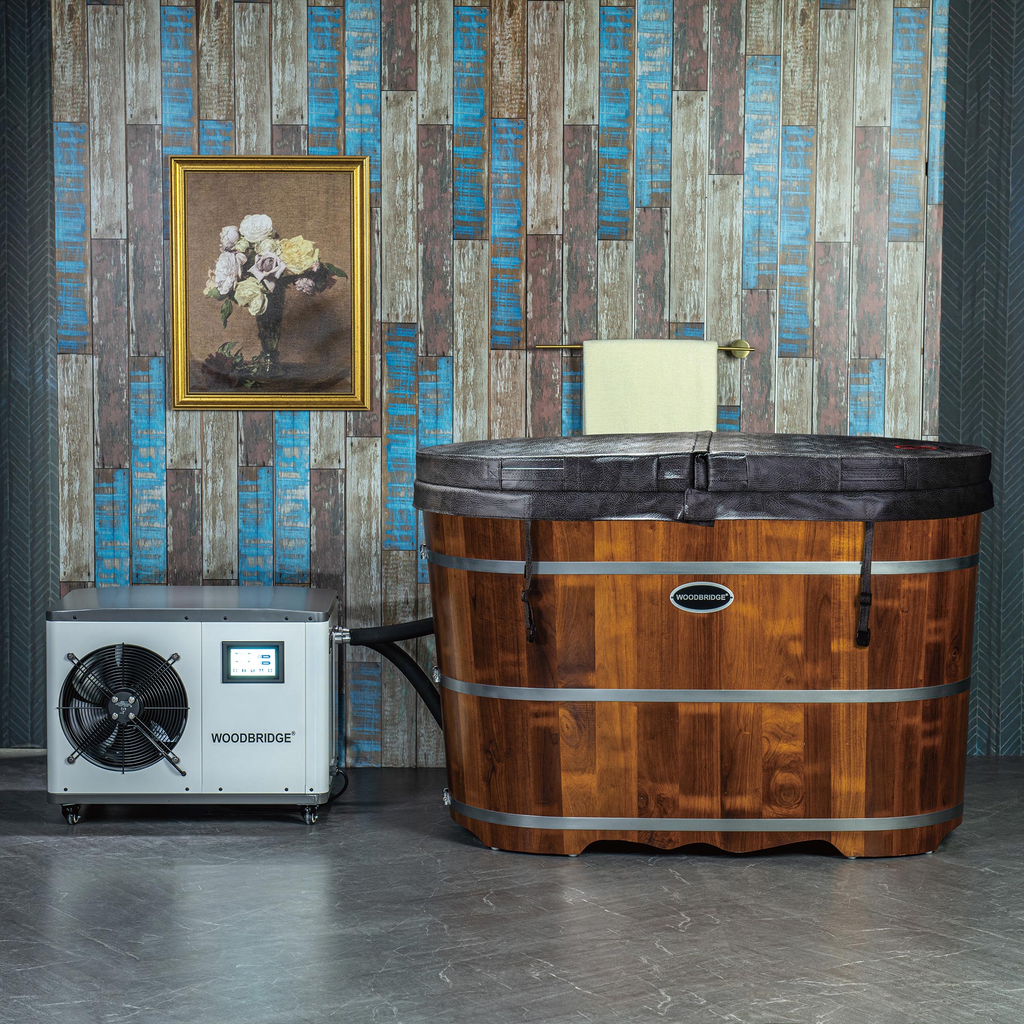 WOODBRIDGE 54" Cold Plunge Tub with 1.3 HP High-Performance Cooling and Heating Chiller in White, Ozone sanitation, Filter circulation system, Insulated Tub Lid, Wood Stool, Wood Seat