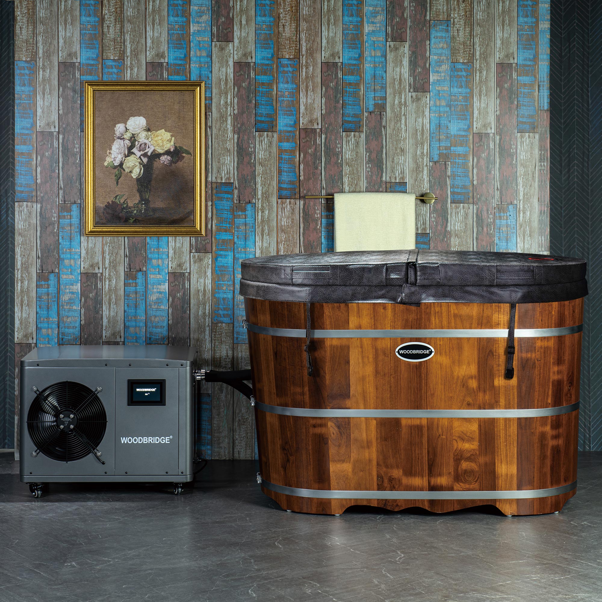 WOODBRIDGE 54" Cold Plunge Tub with 1.3 HP High-Performance Cooling and Heating Chiller in Gray, Ozone sanitation, Filter circulation system, Insulated Tub Lid, Wood Stool, Wood Seat