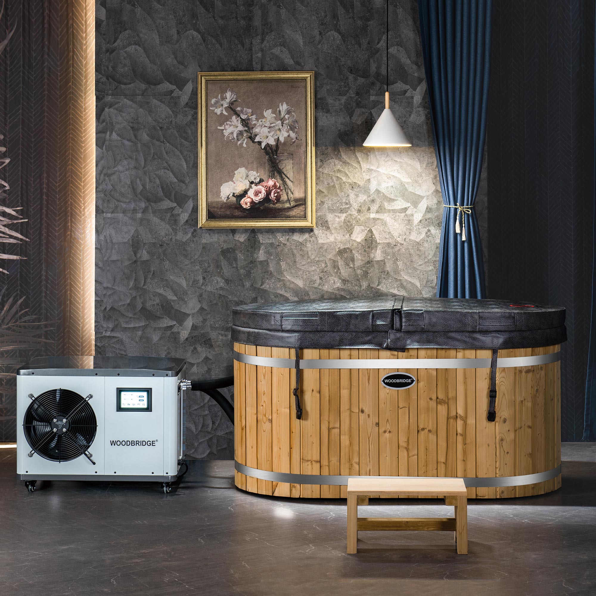 WOODBRIDGE 59" Cold Plunge Tub with 1.3 HP High-Performance Cooling and Heating Chiller in White, Ozone sanitation, Filter circulation system, Insulated Tub Lid, Wood Stool, Wood Seat