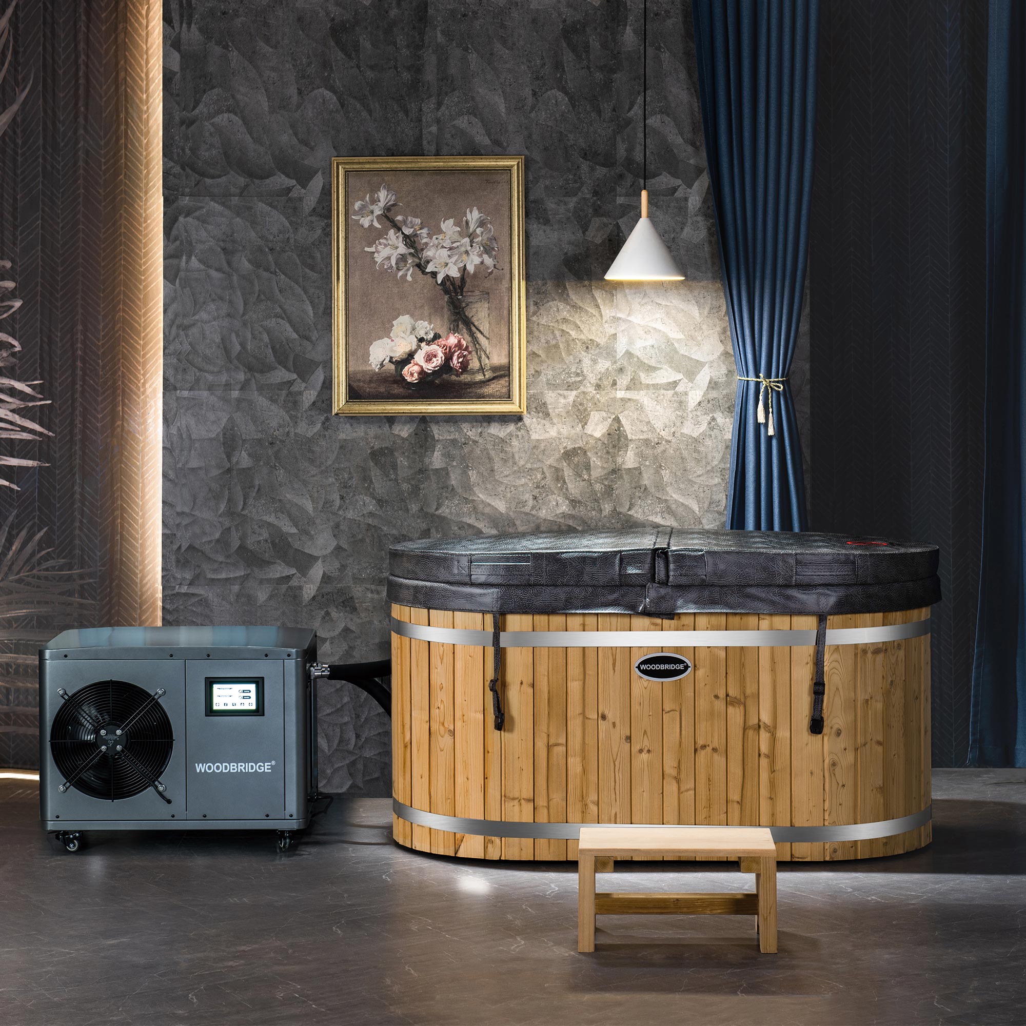WOODBRIDGE 59" Cold Plunge Tub with 1.3 HP High-Performance Cooling and Heating Chiller in Gray, Ozone sanitation, Filter circulation system, Insulated Tub Lid, Wood Stool, Wood Seat