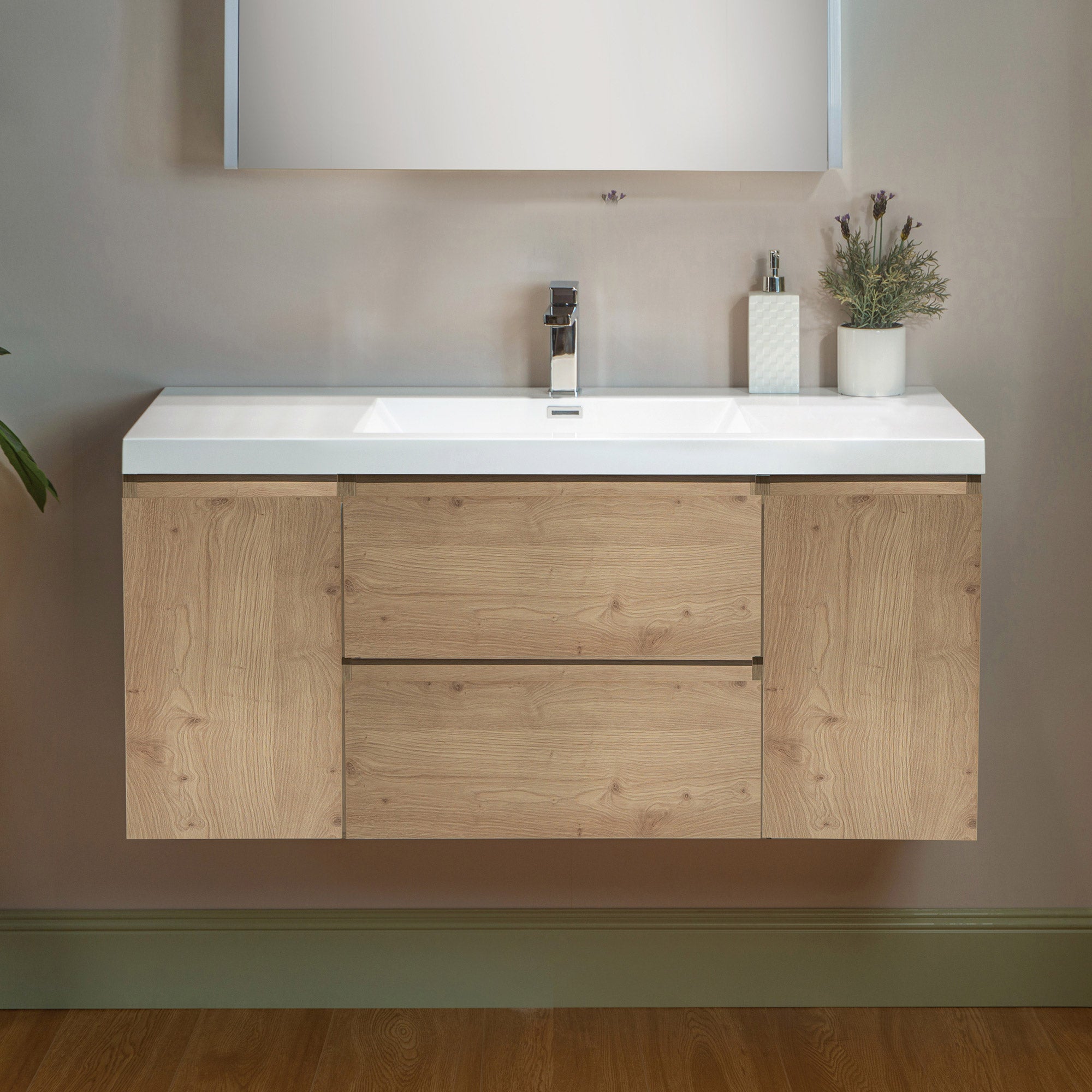 WOODBRIDGE 23-5/8 in. W x 19-5/8 in. D Wall Mounted Floating Vanity in Natural Oak with Resin Composite Vanity Top in Glossy White