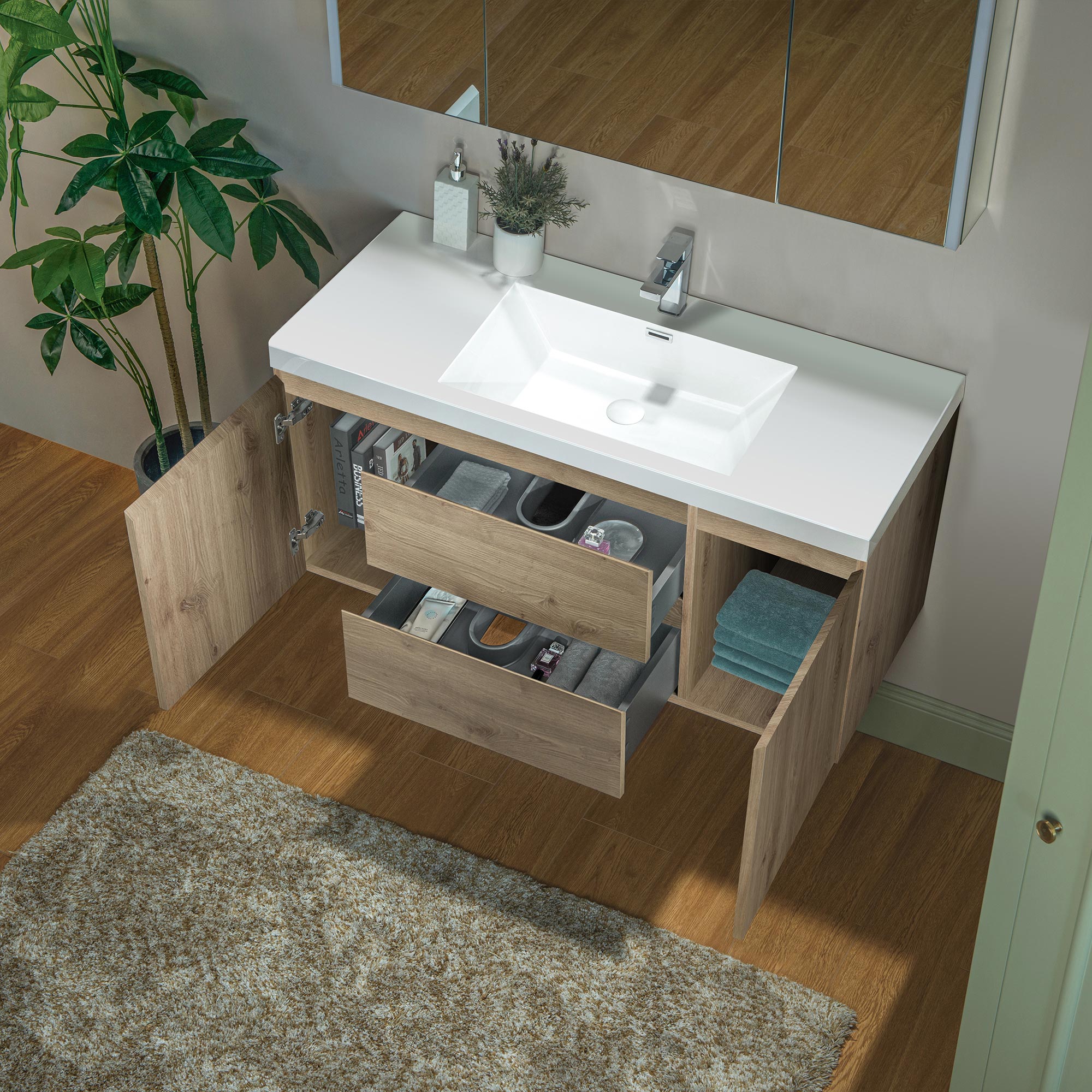 WOODBRIDGE 23-5/8 in. W x 19-5/8 in. D Wall Mounted Floating Vanity in Natural Oak with Resin Composite Vanity Top in Glossy White