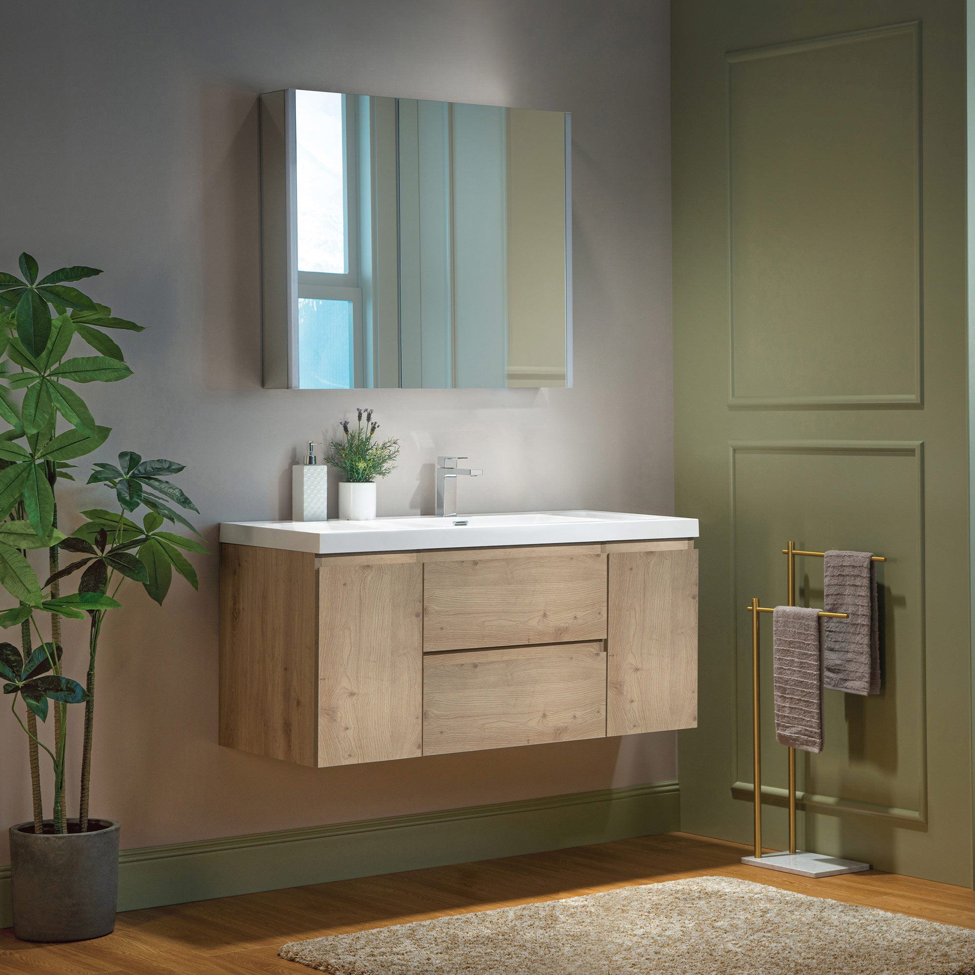WOODBRIDGE 23-5/8 in. W x 19-5/8 in. D Wall Mounted Floating Vanity in Natural Oak with Resin Composite Vanity Top in Glossy White