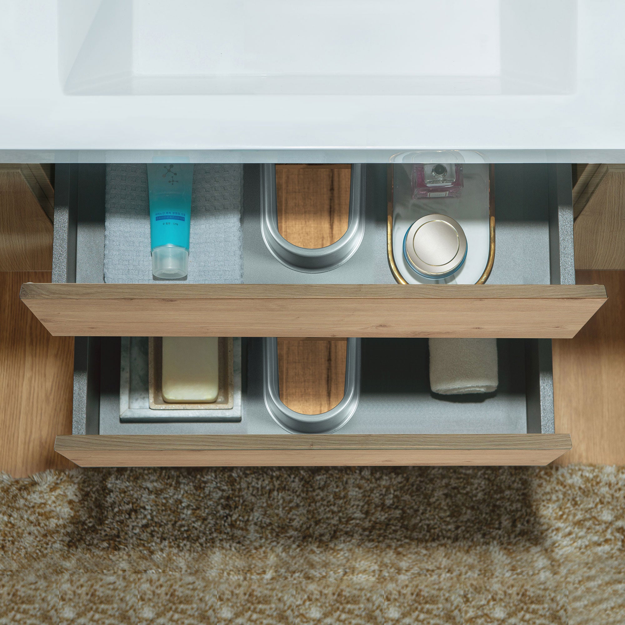 WOODBRIDGE 23-5/8 in. W x 19-5/8 in. D Wall Mounted Floating Vanity in Natural Oak with Resin Composite Vanity Top in Glossy White