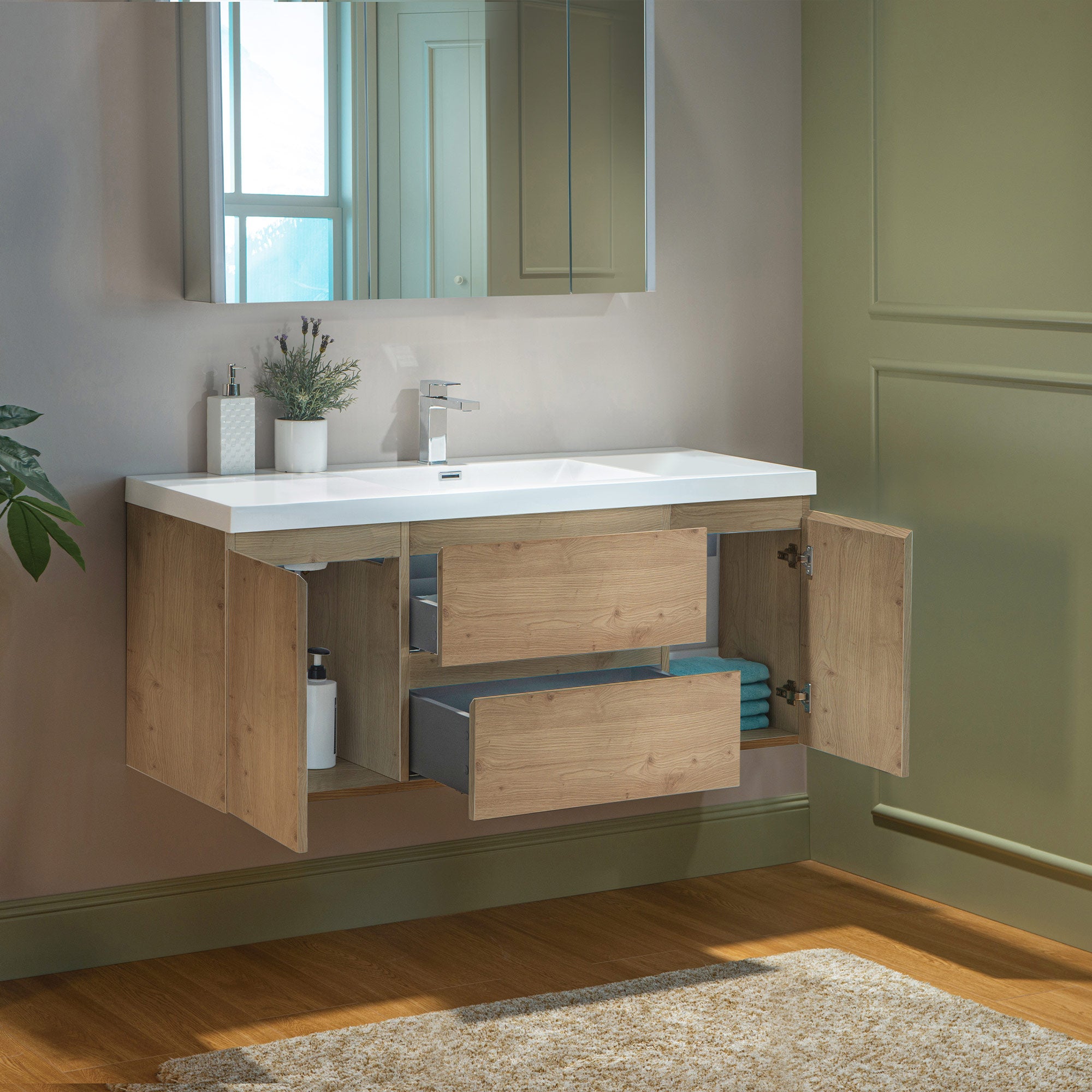 WOODBRIDGE 23-5/8 in. W x 19-5/8 in. D Wall Mounted Floating Vanity in Natural Oak with Resin Composite Vanity Top in Glossy White