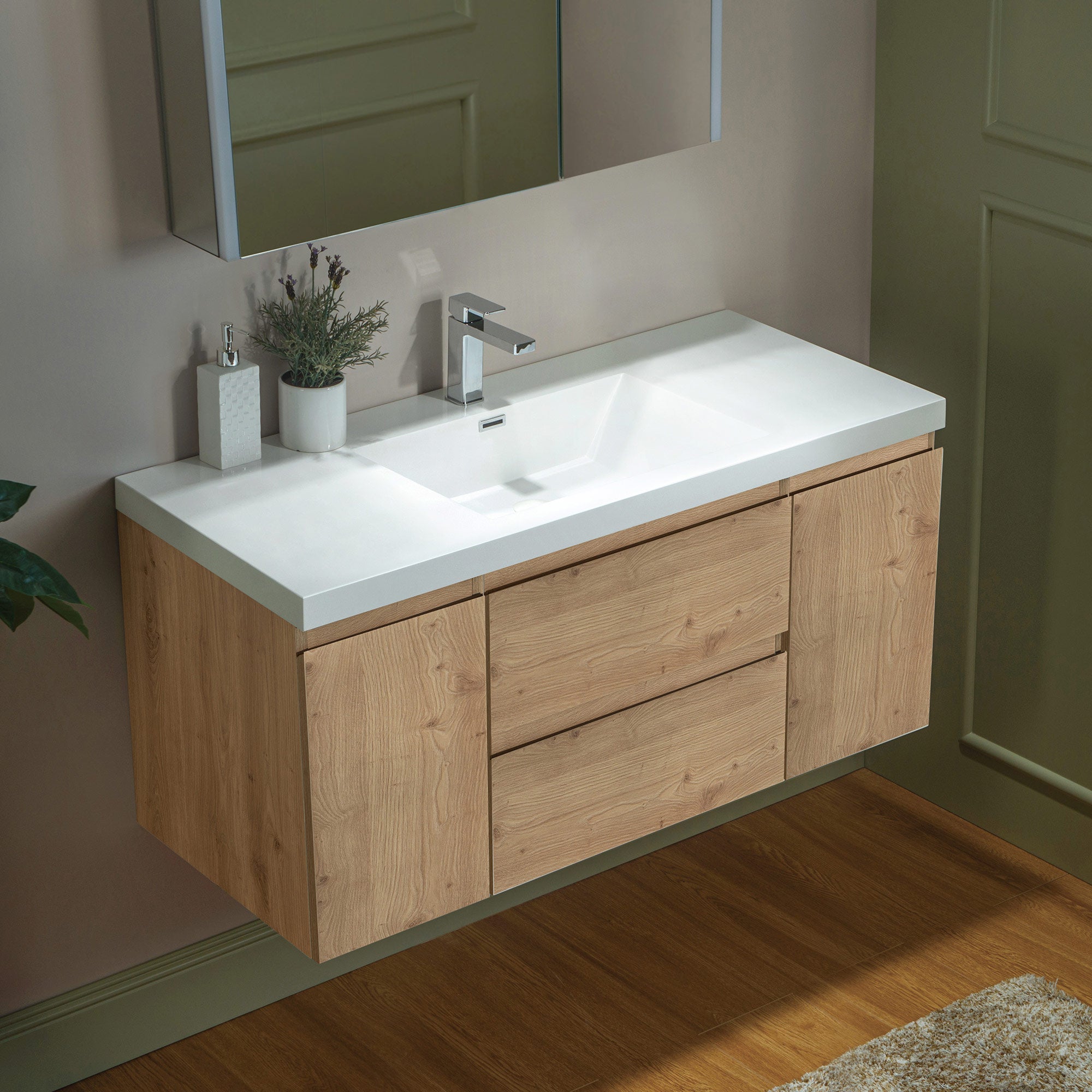 WOODBRIDGE 23-5/8 in. W x 19-5/8 in. D Wall Mounted Floating Vanity in Natural Oak with Resin Composite Vanity Top in Glossy White