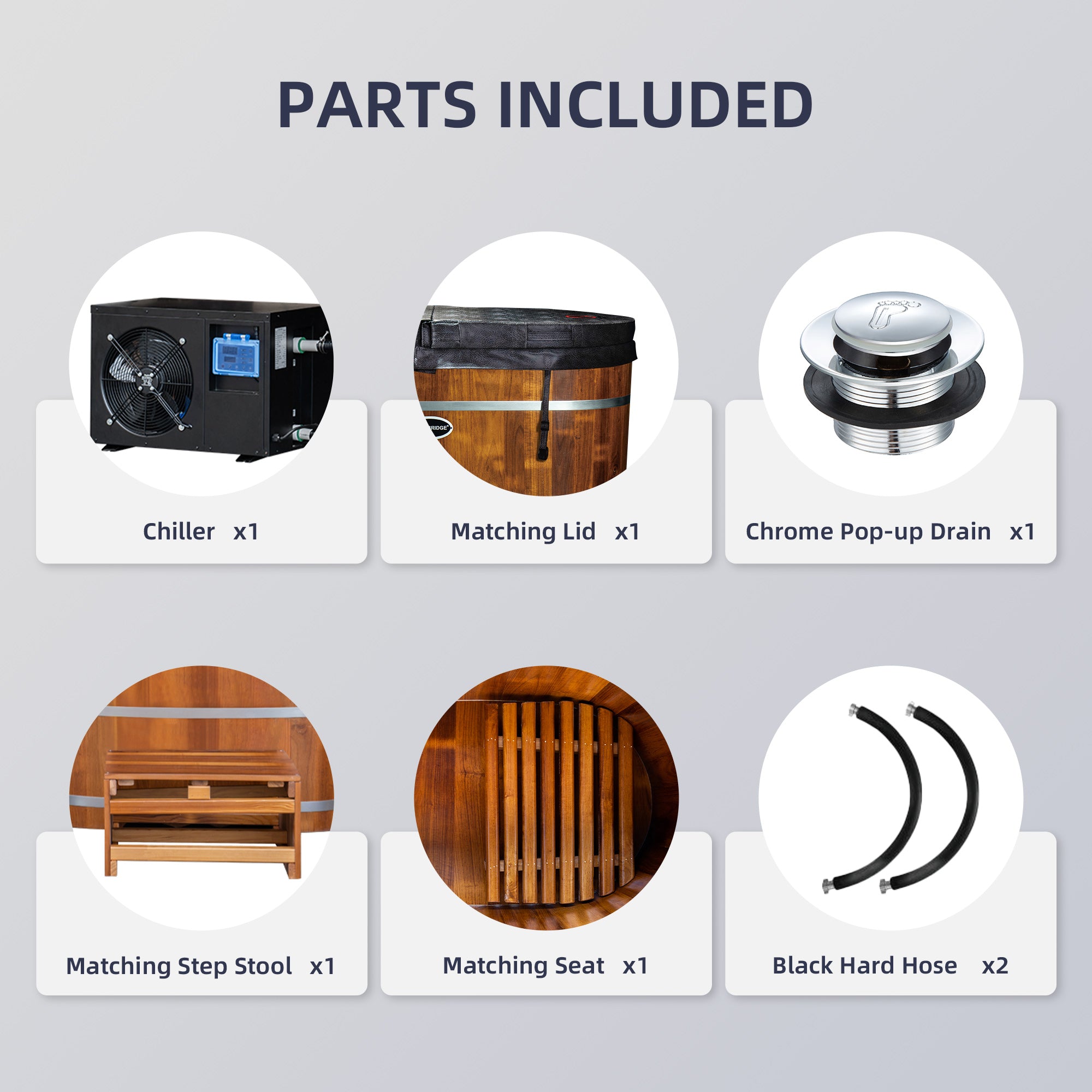 WOODBRIDGE 54" Luxury Indoor Cold Plunge Ice Tub with Chiller and Heater, Ozone sanitation, Filter circulation system, Insulated Tub Lid, Wood Stool, Wood seat, and Chrome Pop-Up Drain